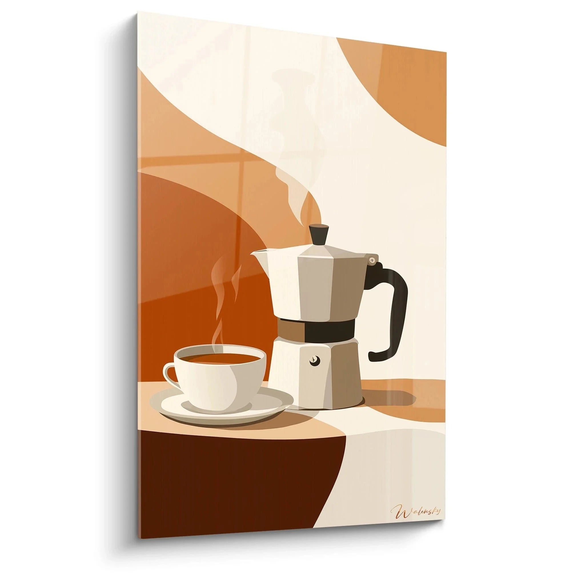 Wandbild Espressokocher mit dampfender Kaffeetasse in warmen Brauntönen für Küche