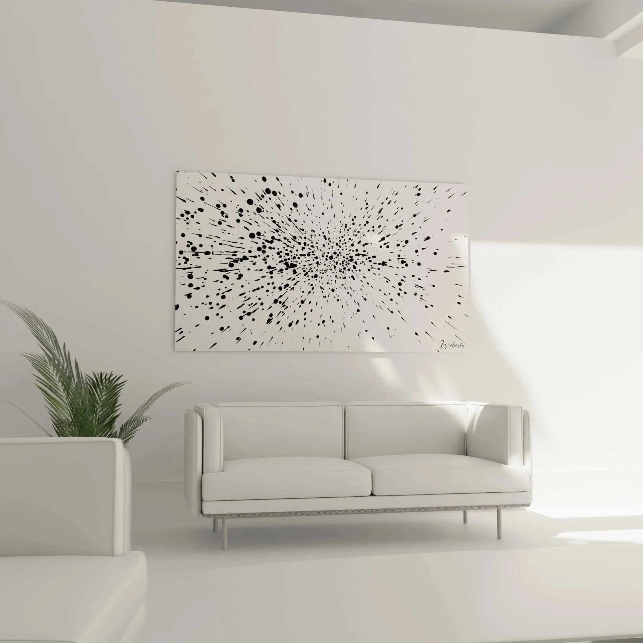 Detailansicht Wandbild abstrakte Explosion mit schwarzen Punkten und Linien auf weißem Grund