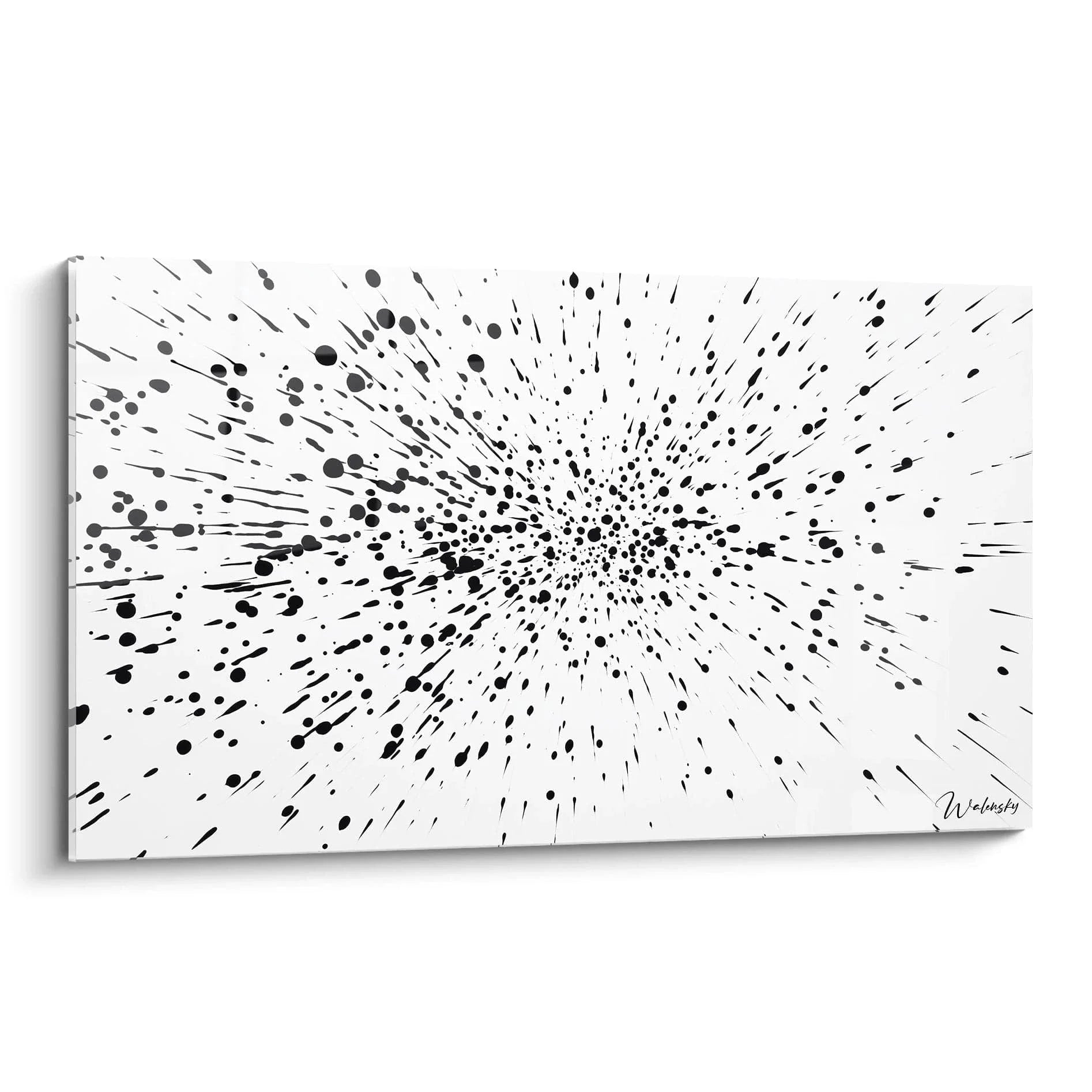Wandbild abstrakte Explosion schwarz-weiß mit radialer Struktur und dynamischen Punkten