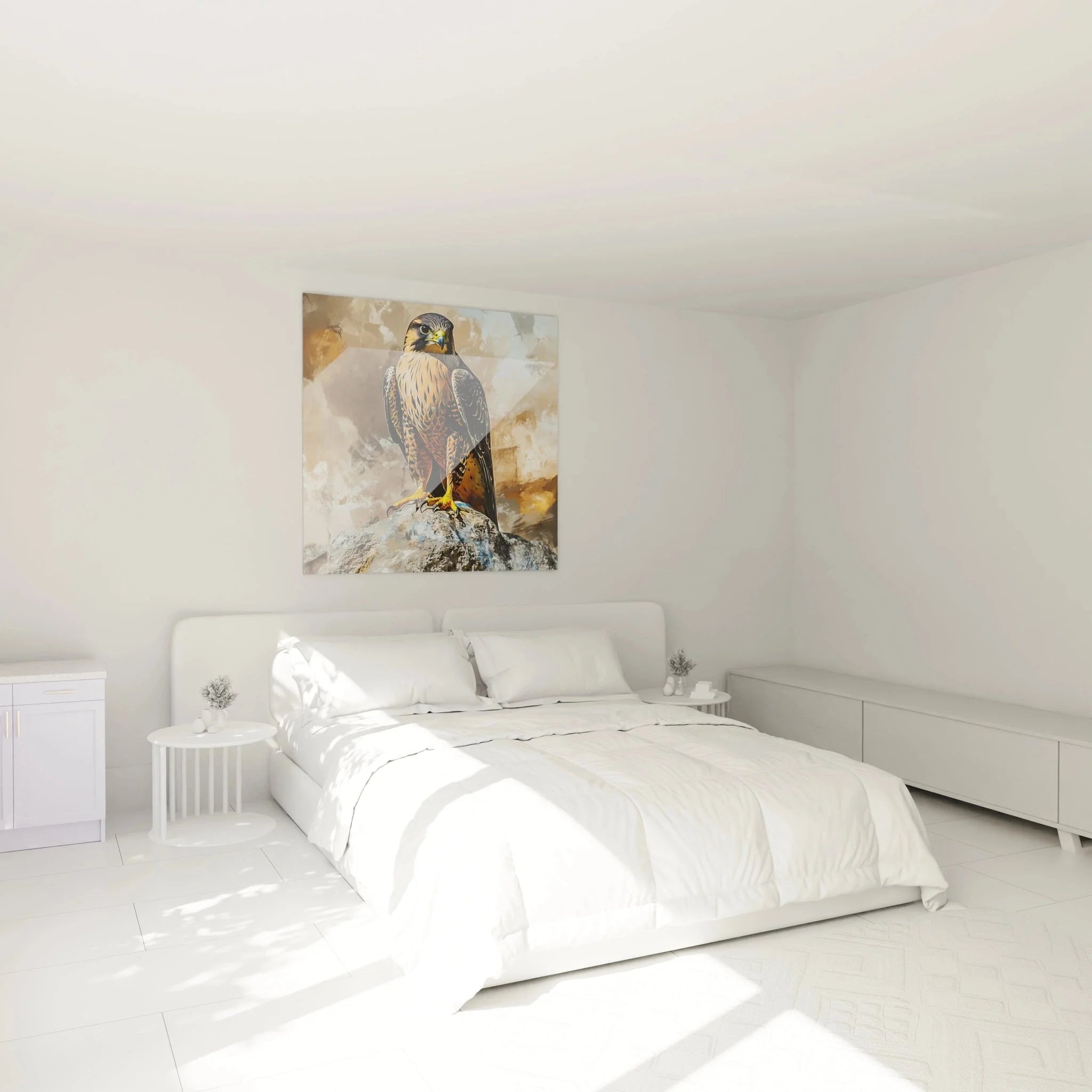 Wandbild Falke im Schlafzimmer - Greifvogel Kunstdruck als stilvolle Wanddeko über dem Bett