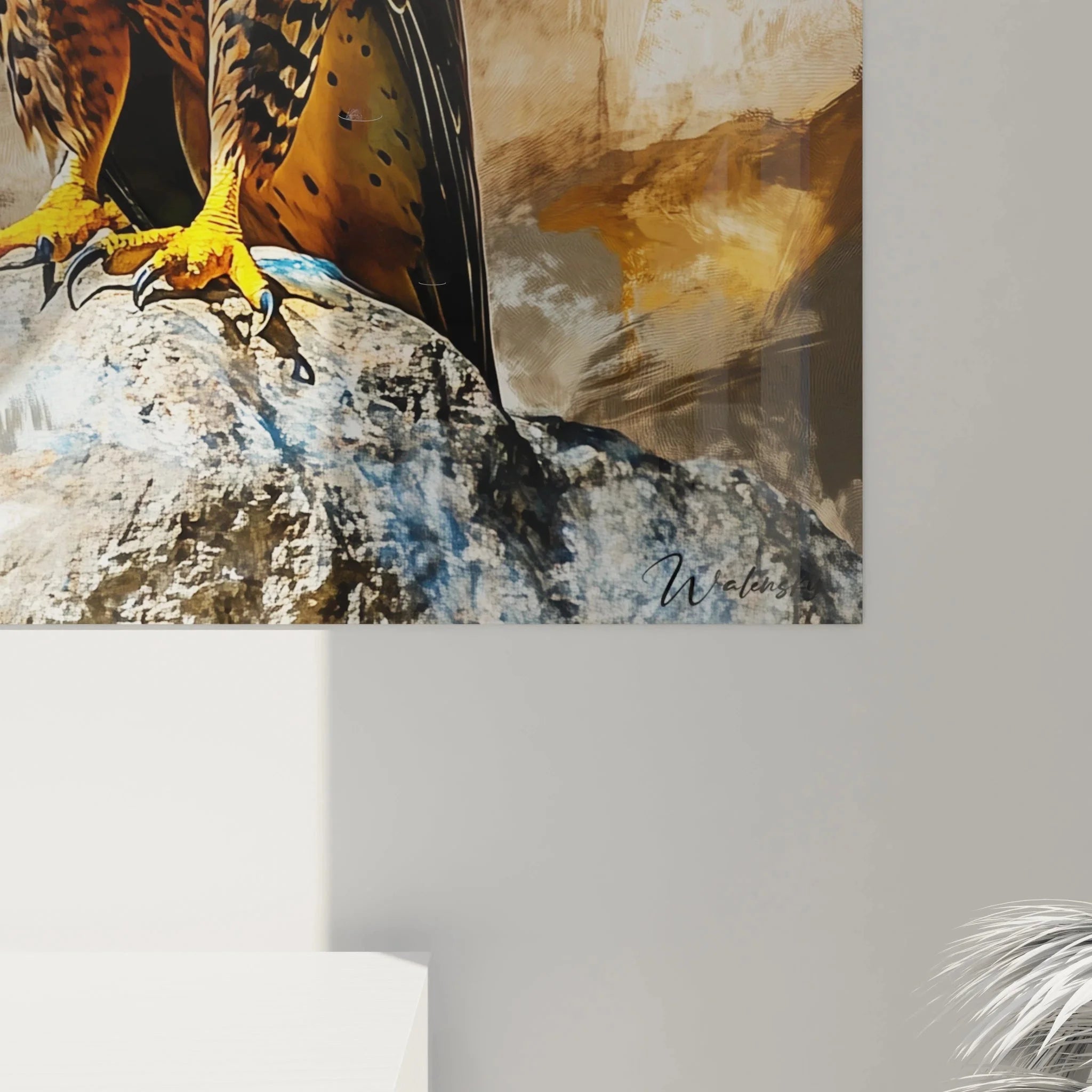 Wandbild Falke Gesamtansicht - Greifvogel Kunstdruck XXL mit abstrakt gemaltem Hintergrund