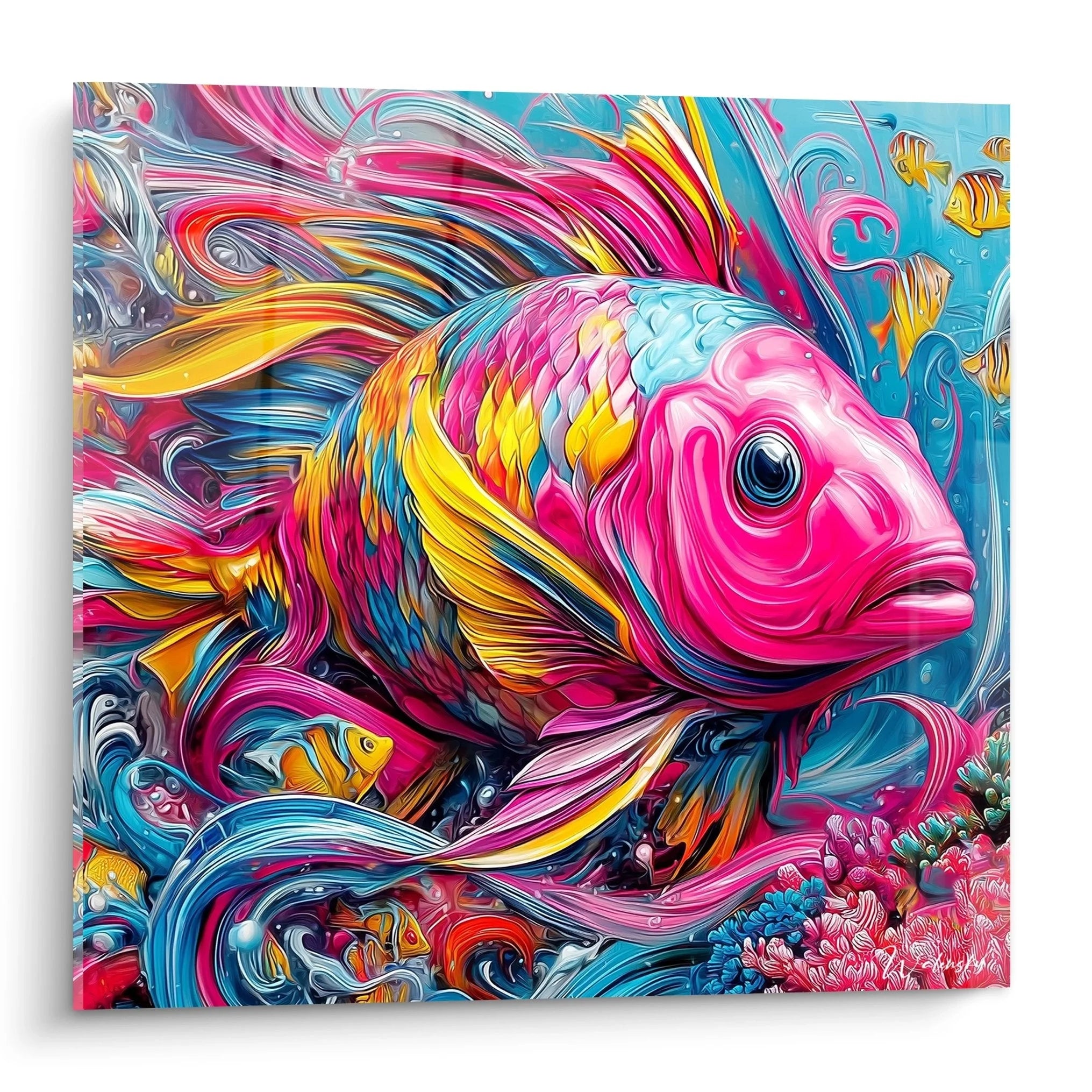 Wandbild Fantasie Fisch in leuchtenden Pink Türkis Tönen - Moderne Unterwasser Wanddeko XXL Format