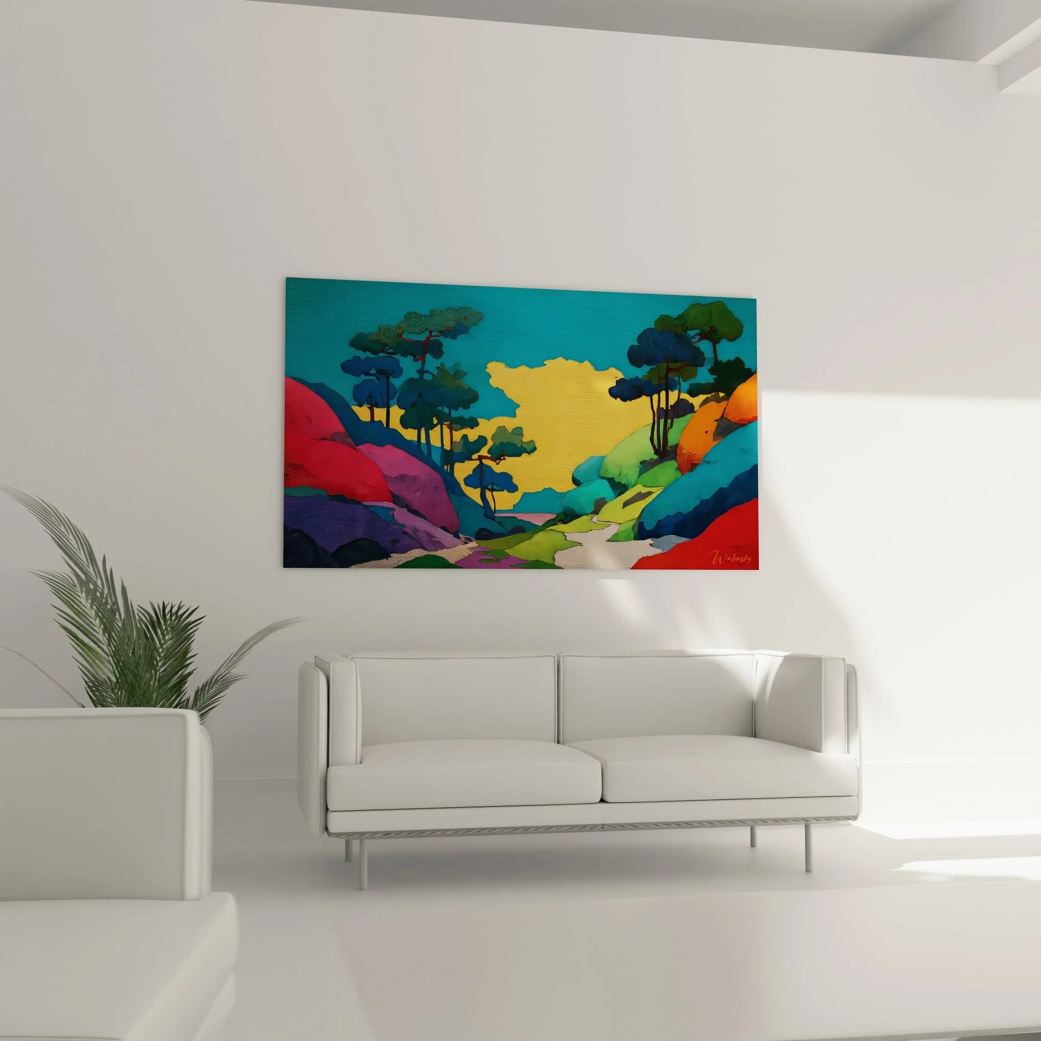 Detailansicht Wandbild Fantasielandschaft - bunte Berge und stilisierte Bäume in moderner Landschaftskunst