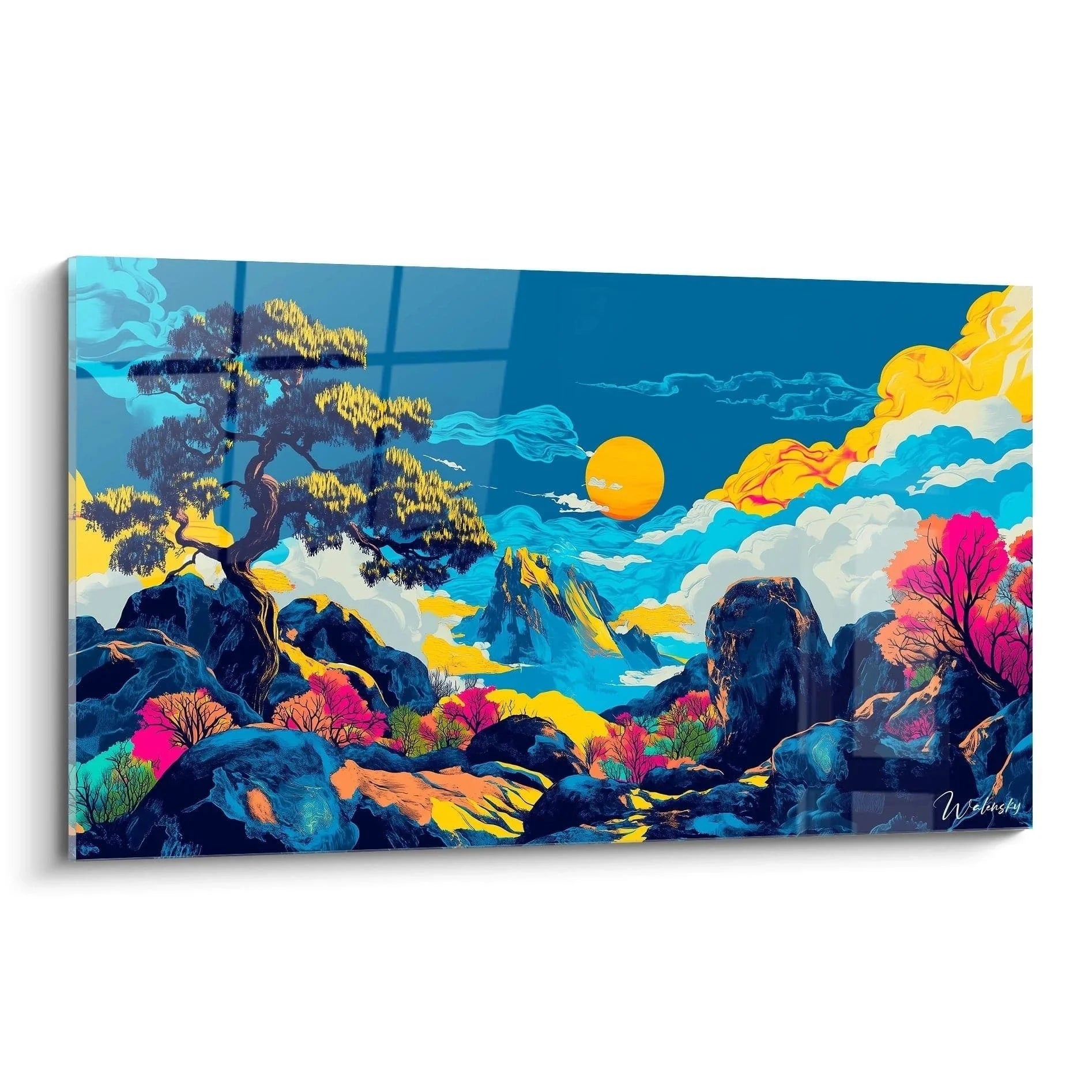 Wandbild Fantasielandschaft mit mystischen Bergen, leuchtender Sonne und Kiefer - Edition Alfred Sisley Kunstdruck