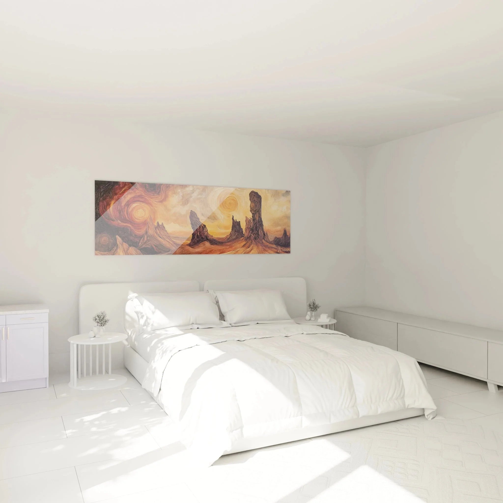 Wandbild Fantasielandschaft Steinwüste in elegantem Schlafzimmer als moderne Wanddeko arrangiert