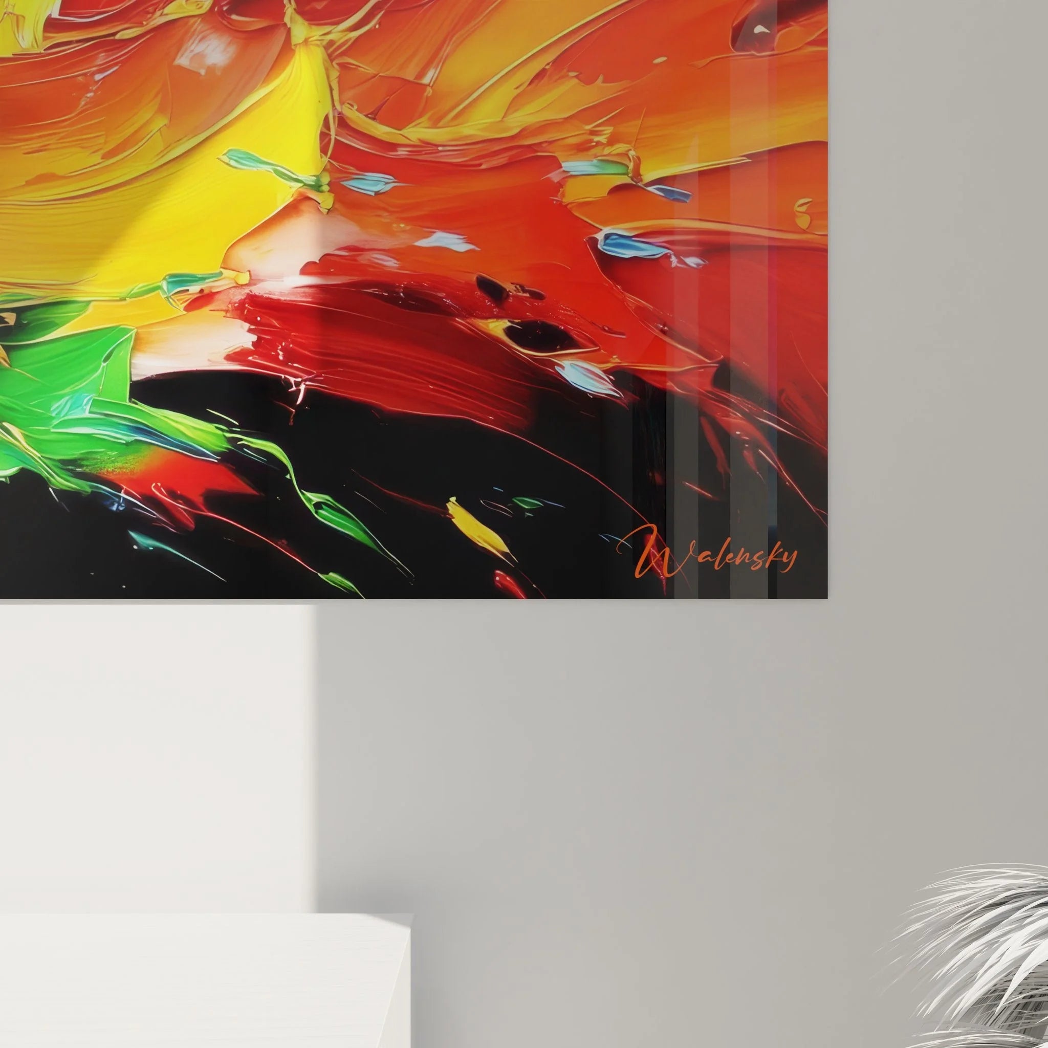 Gesamtansicht abstraktes Wandbild Farbexplosion mit spektakulären Farbverläufen Malerei-Optik