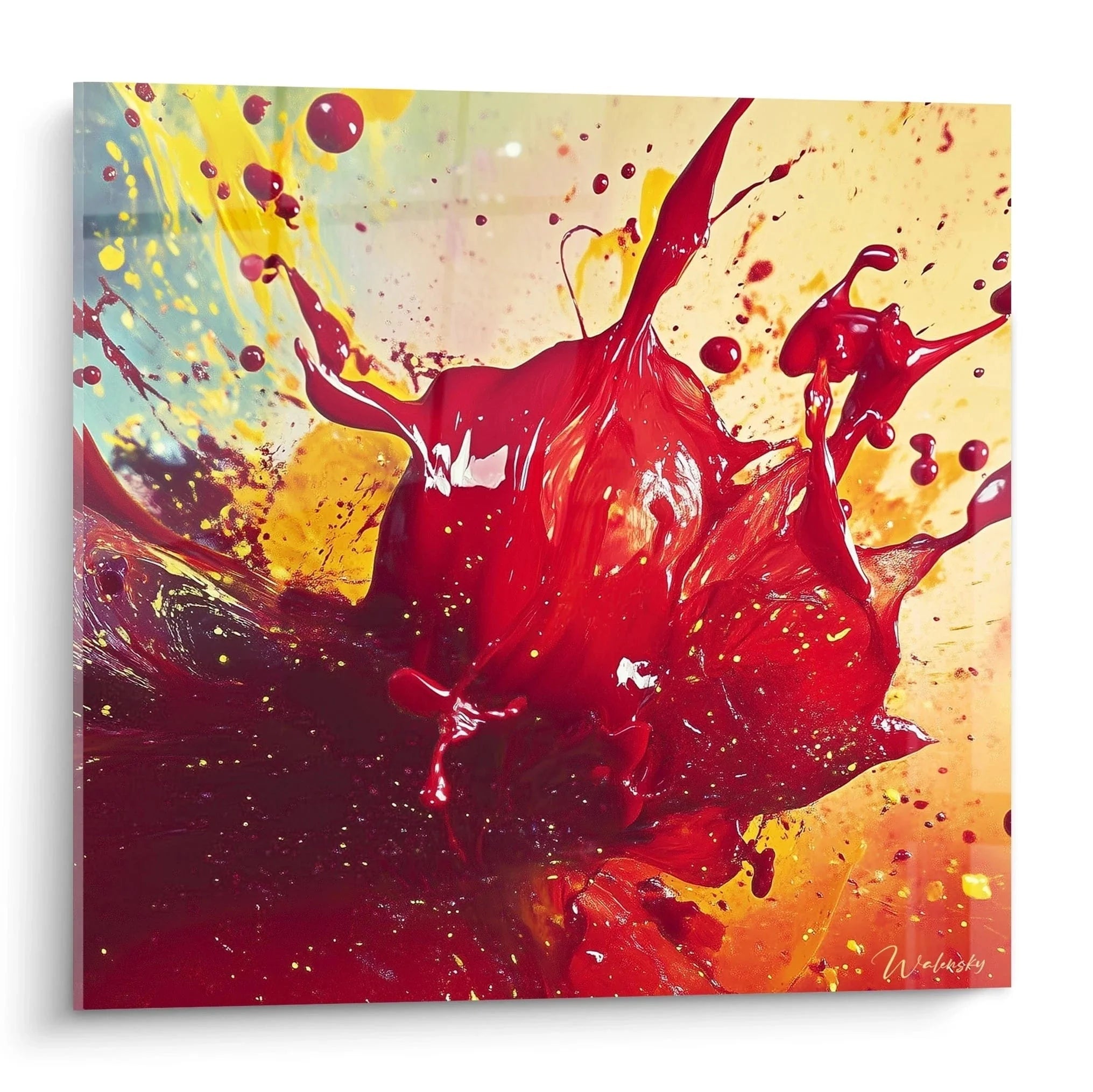 Expressionistisches Wandbild mit roter Farbexplosion und warmen Tönen im XXL Format für moderne Wanddekoration