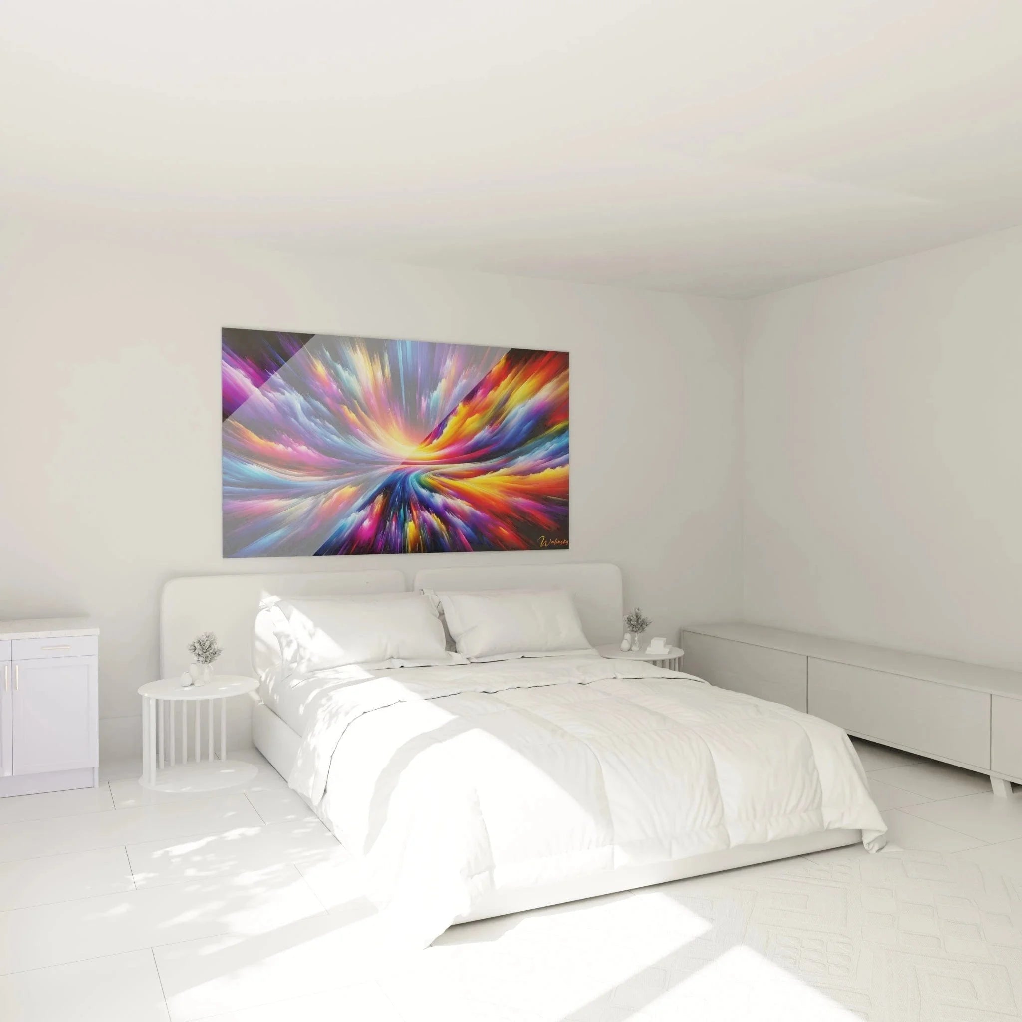 Wandbild XXL Farbexplosion in modernem Schlafzimmer zeitgenössische abstrakte Wandkunst mehrfarbig