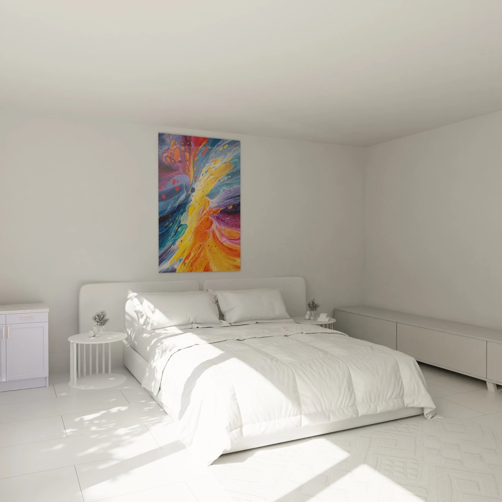 Abstrakte Farbexplosion Wandbild in elegantem Schlafzimmer Ambiente mit moderner Einrichtung