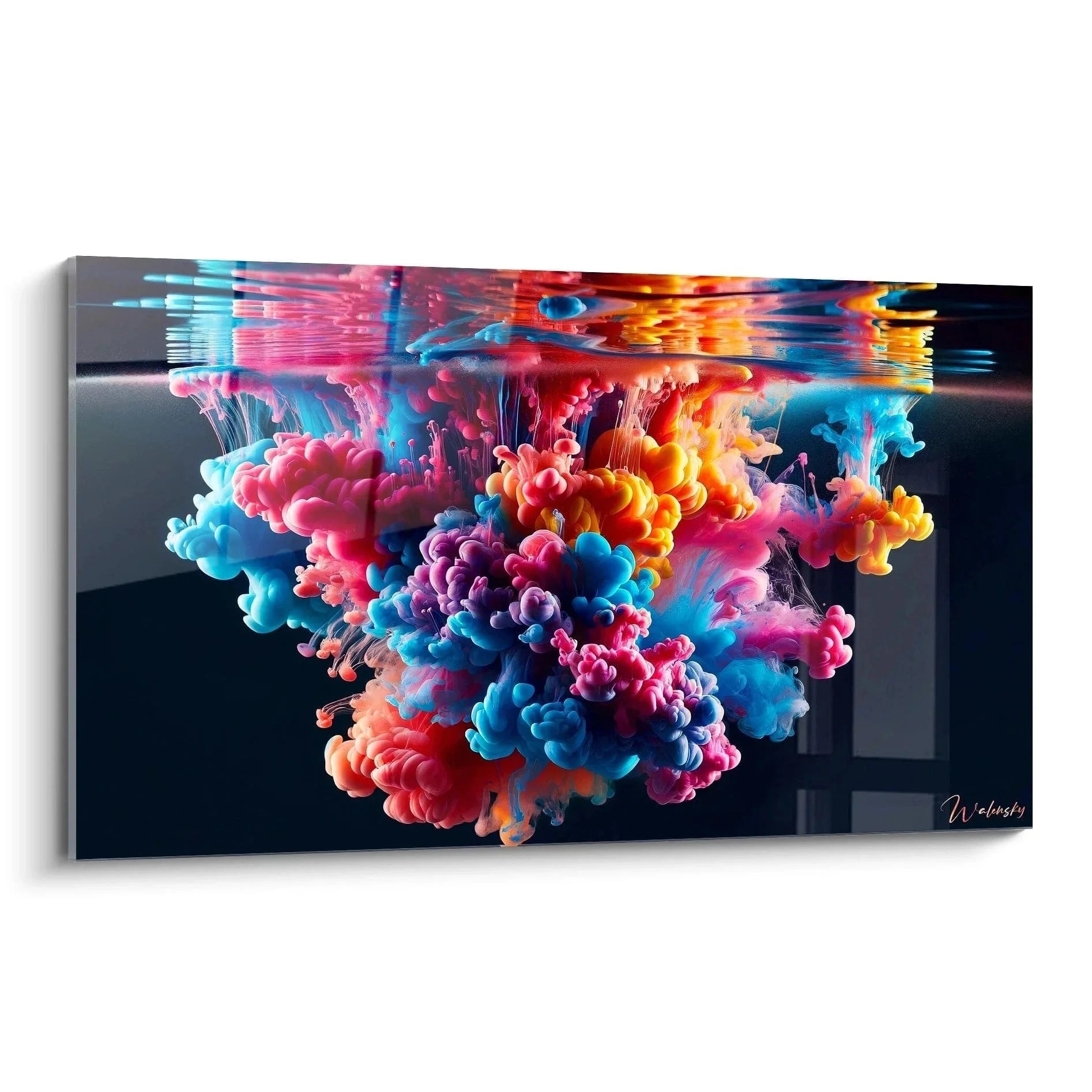 Wandbild Farbexplosion unter Wasser mit leuchtenden Farben in Blau Rosa Orange modern abstrakt