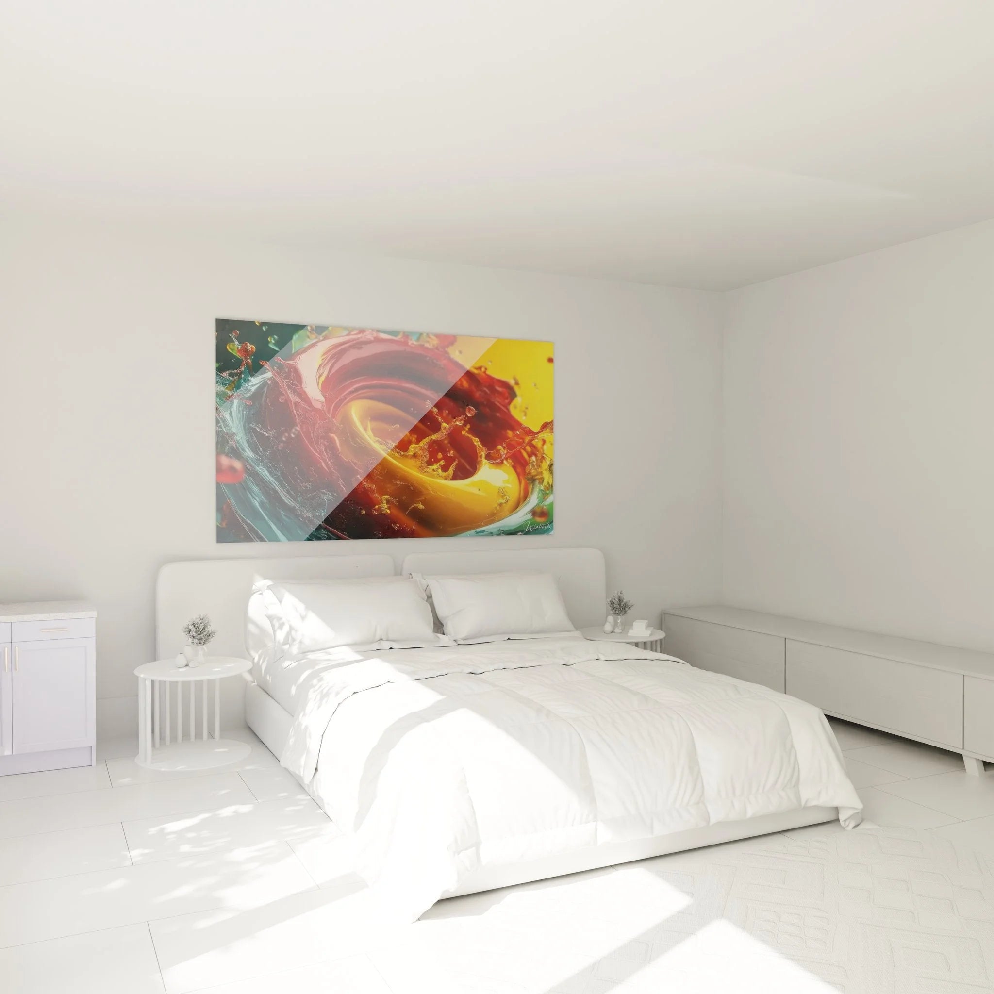 Modernes Wandbild Farbspirale in elegantem Schlafzimmer - abstrakte Wandkunst XXL