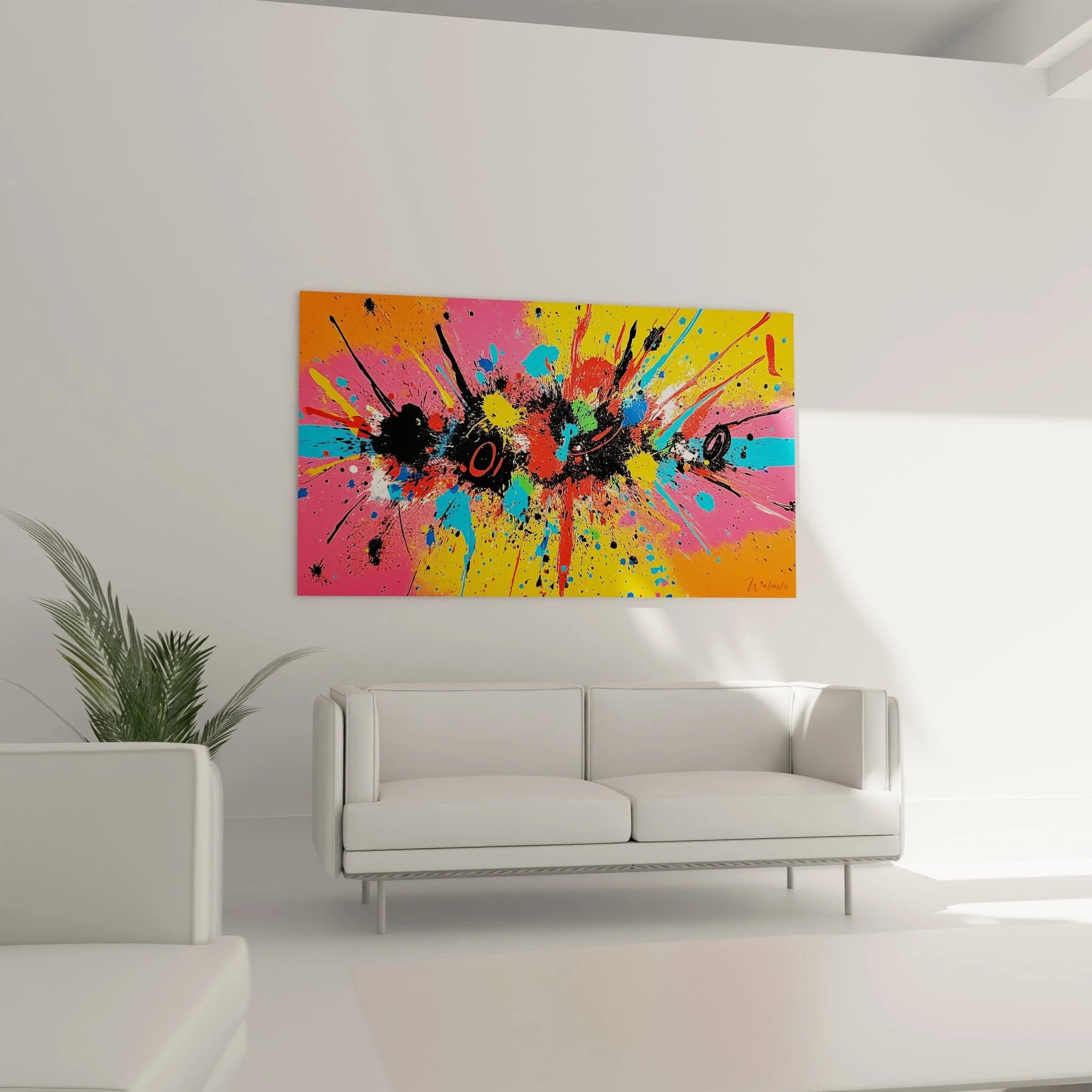 Nahaufnahme Wandbild Farbspritzer Detail schwarze Akzente bunte Explosion abstrakte Malerei-Optik