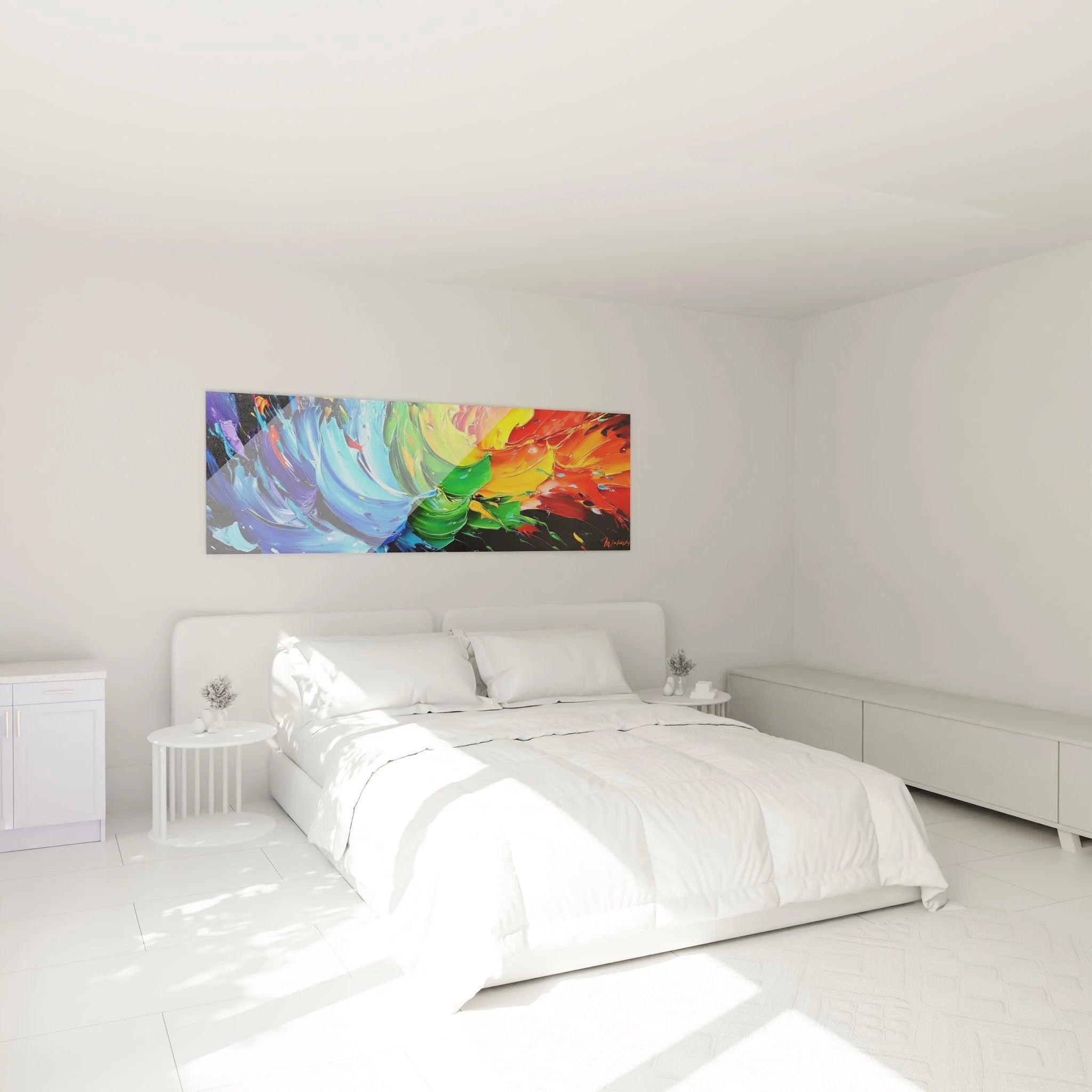 Abstraktes Farbwirbel Wandbild in Schlafzimmer Atmosphäre mit lebendigen Farben Malerei-Optik