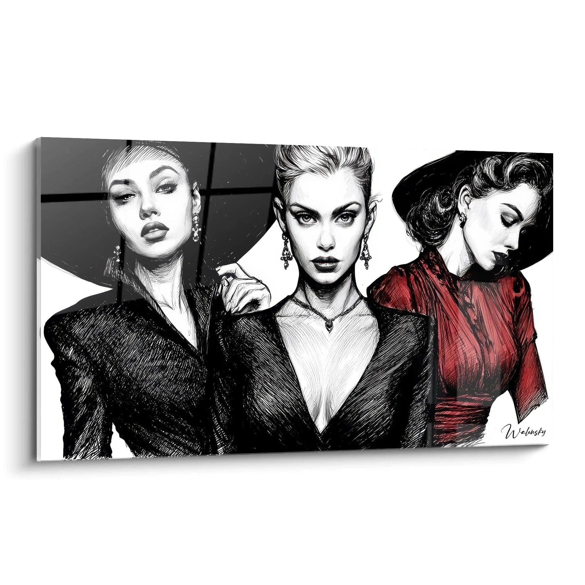 Wandbild drei elegante Fashion Models in schwarz-roter Modeillustration mit stilvollem Design