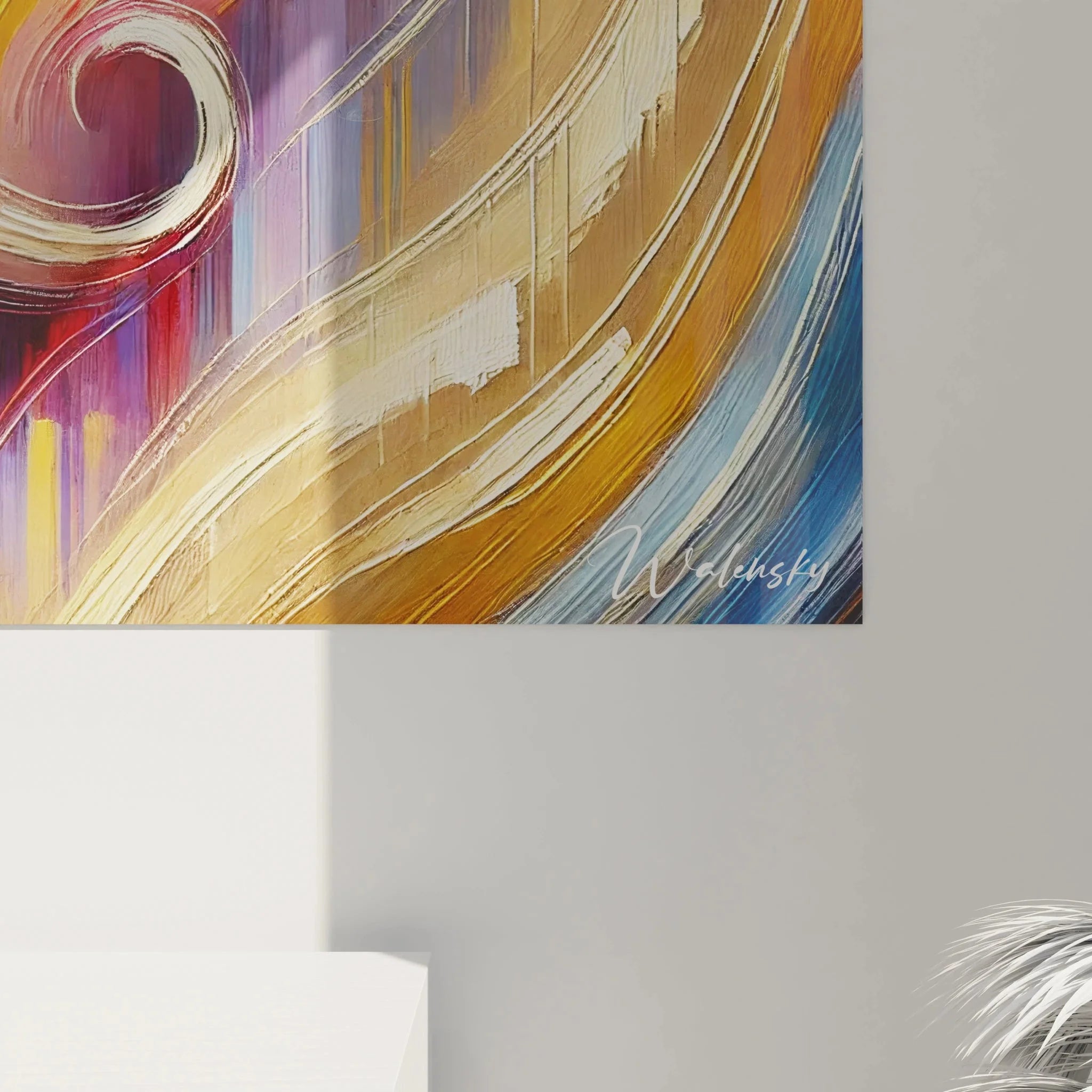 Gesamtansicht des Fauvismus Wandbildes mit Gesicht und Schnurrbart in warmen und kühlen Farbtönen