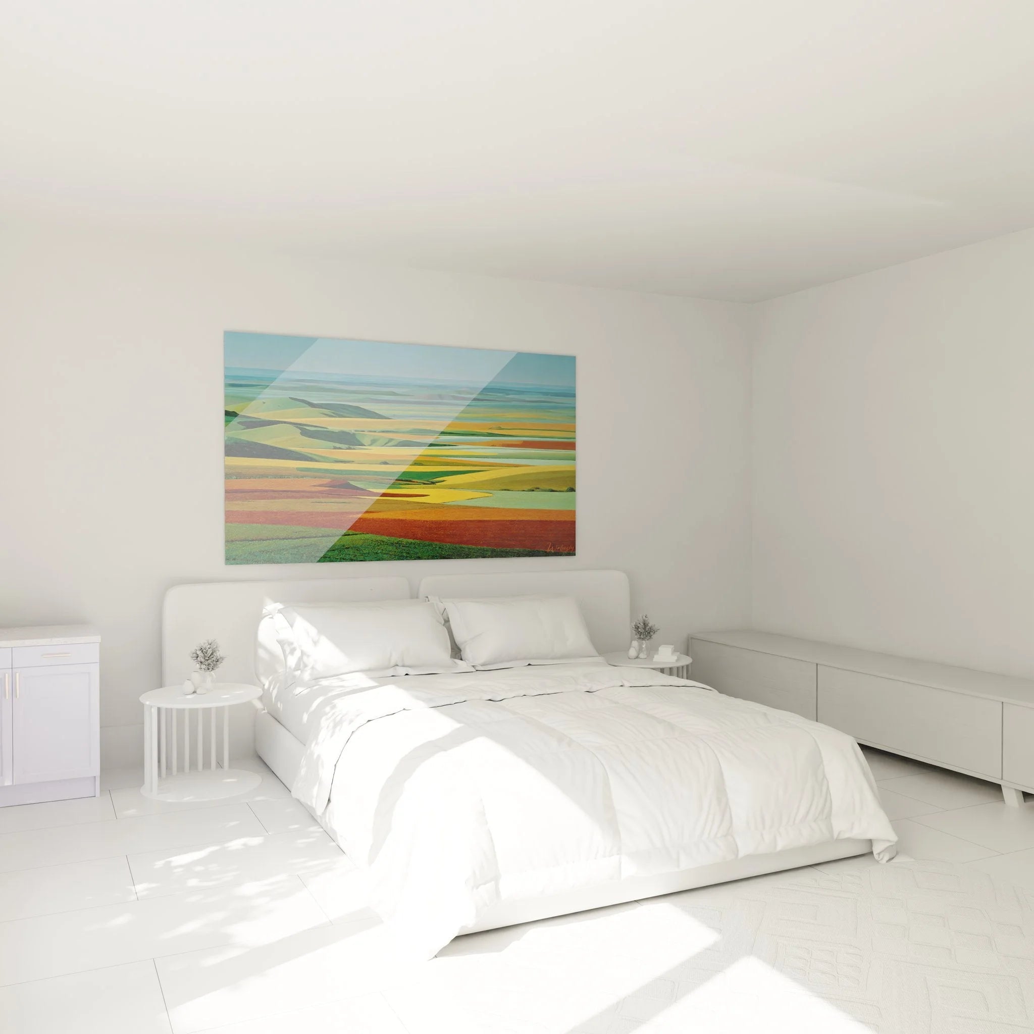 Wandbild bunte Felder Schlafzimmer Dekoration - Agrarlandschaft Kunstdruck über Bett hängend