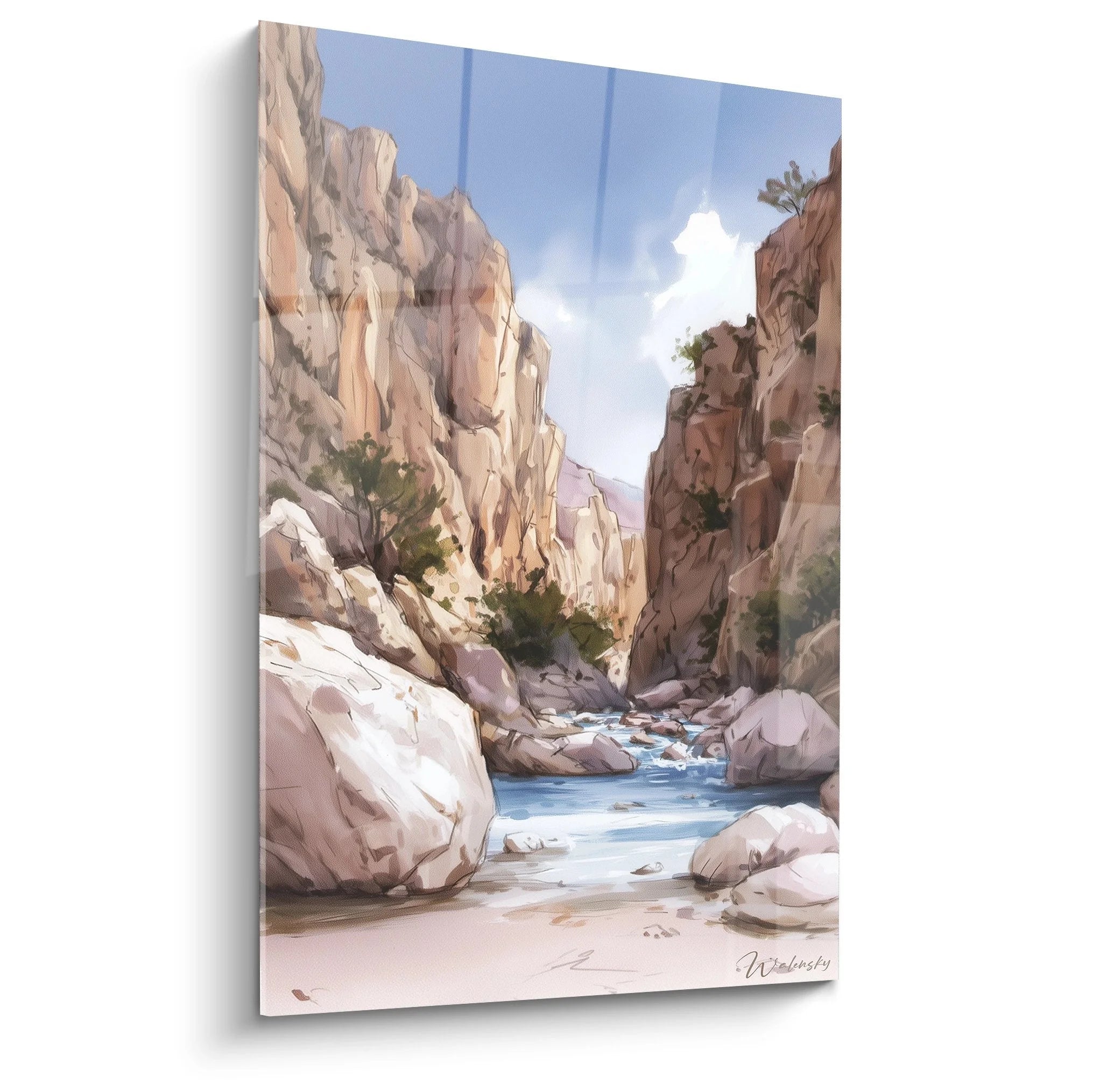 Wandbild Felsenschlucht mit kristallklarem Bergfluss zwischen Sandsteinfelsen