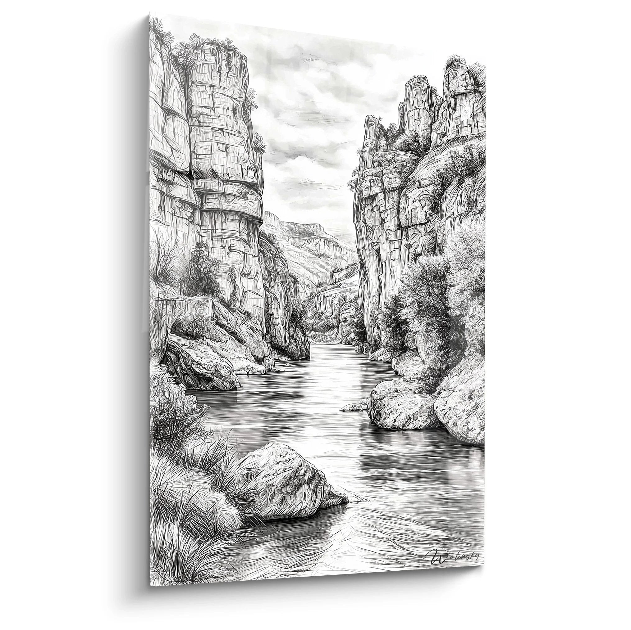 Wandbild Felsenschlucht schwarz-weiß mit hohen Felswänden und Wasserlauf - Canyon Wandkunst XXL