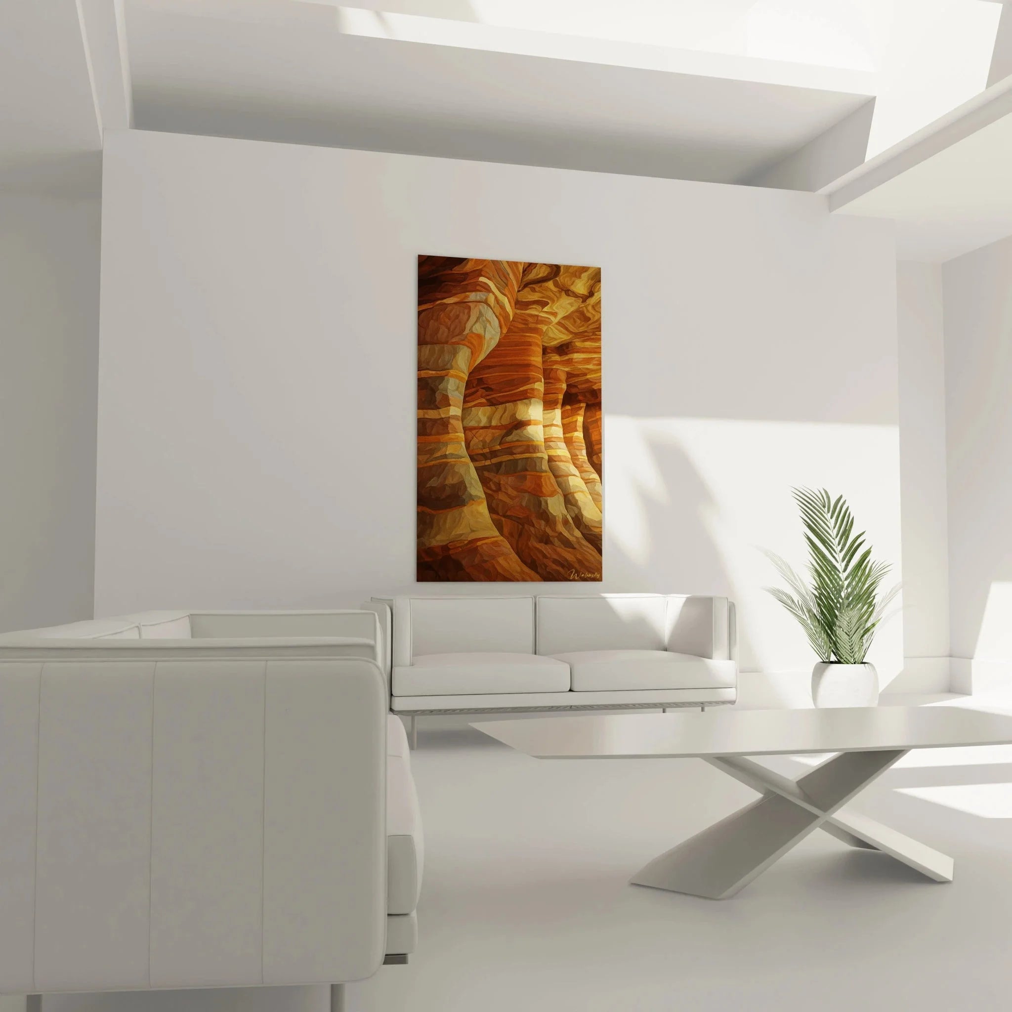 Detailansicht Wandbild Felsenschlucht mit geschichteten Sandstein Texturen in warmen Erdfarben