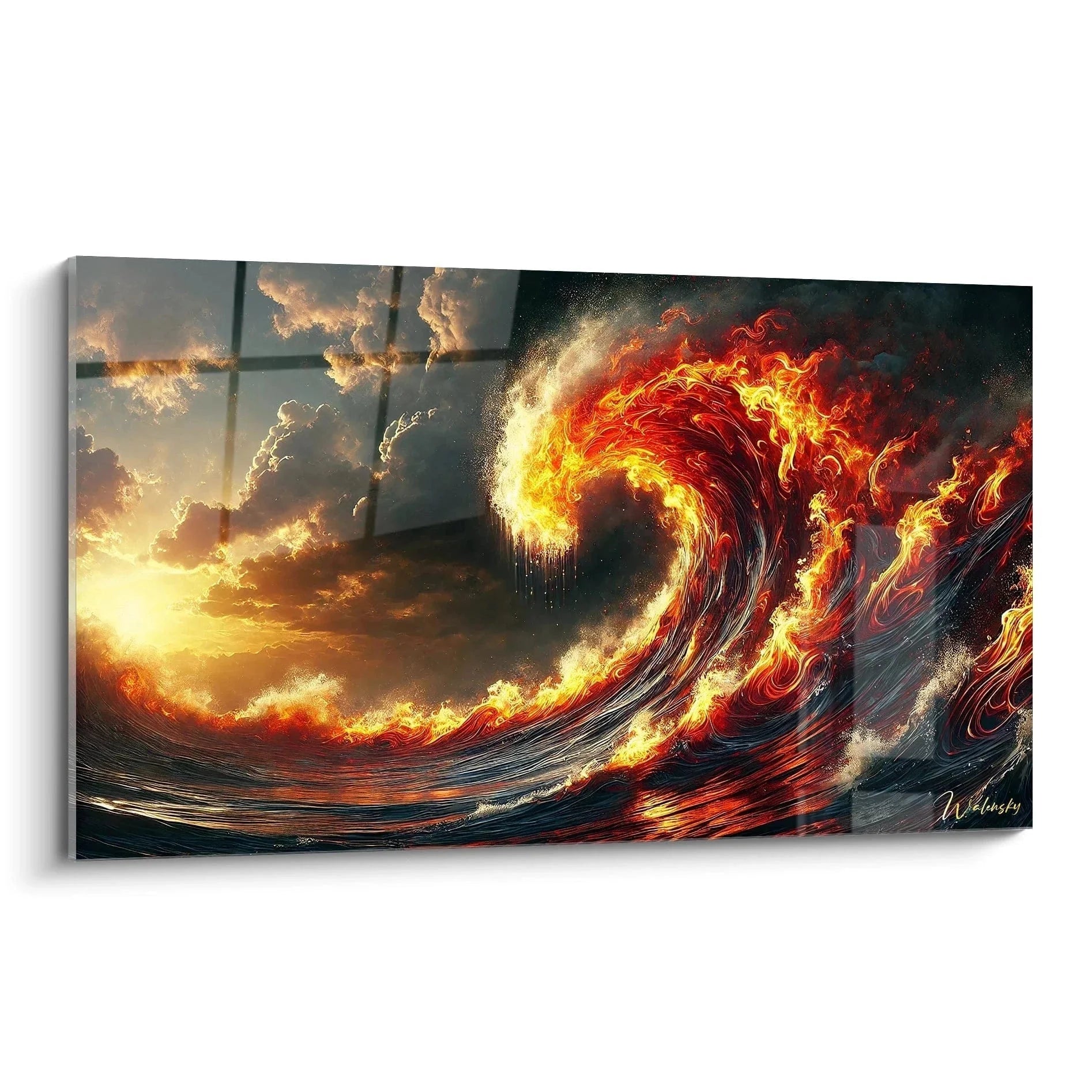 Wandbild Feuergewoge Japan - Dramatischer Tsunami aus Flammen in Rot-Gold auf Leinwand