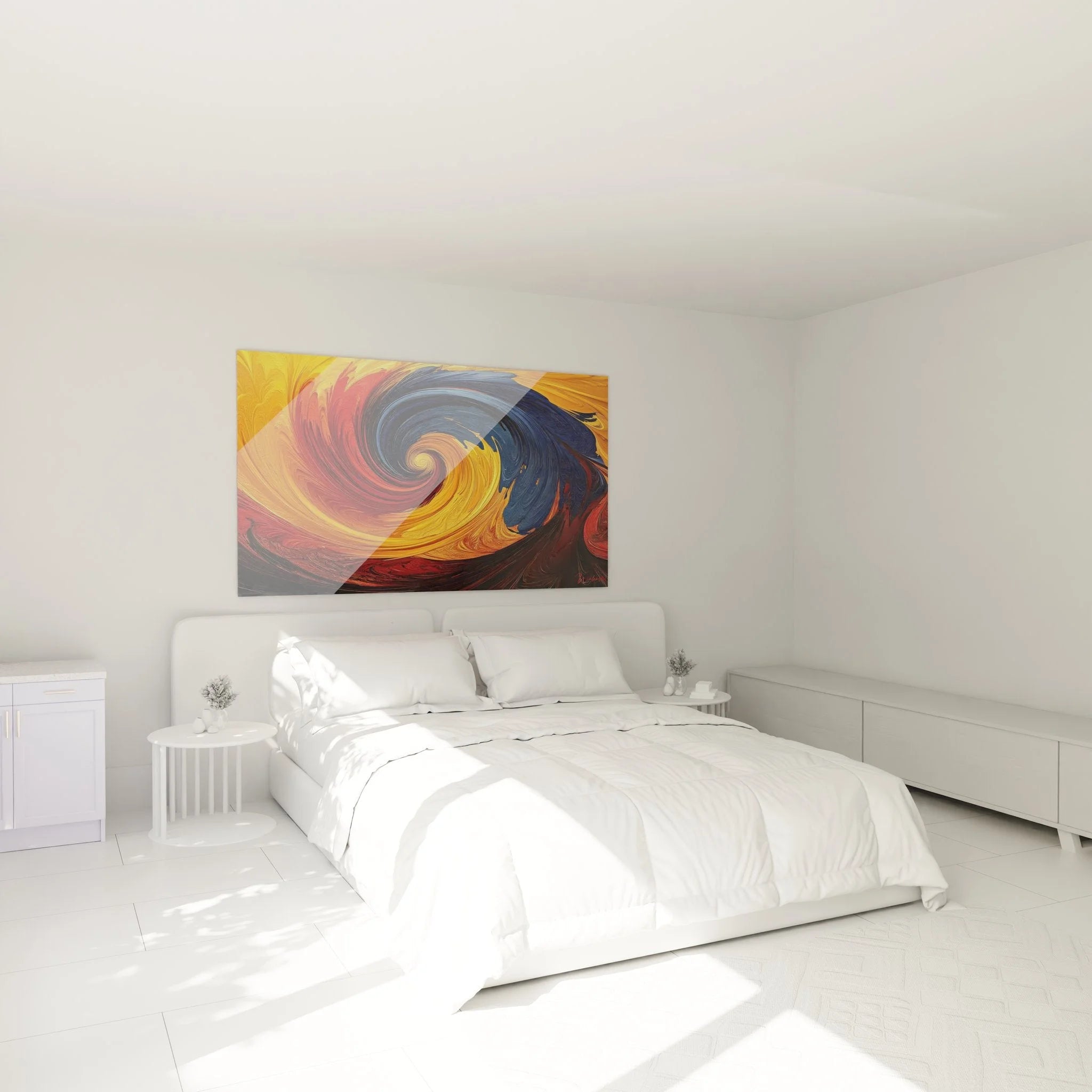 Wandbild Feuerspirale XXL in modernem Schlafzimmer als stilvolle Wanddekoration abstrakte Spiralen