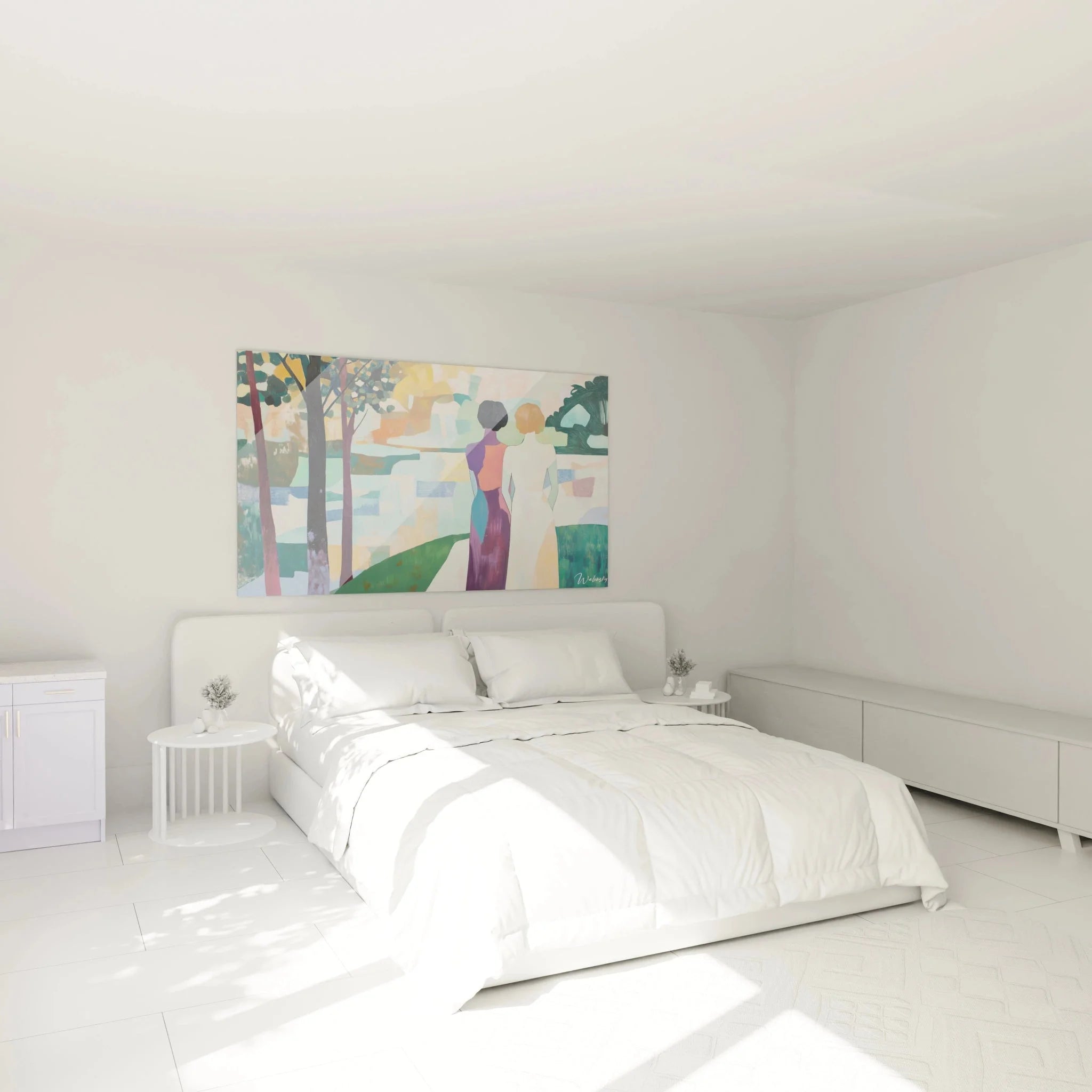 Wandbild abstrakte Parkszene mit Figuren in modernem Schlafzimmer, stilvolle Wanddekoration