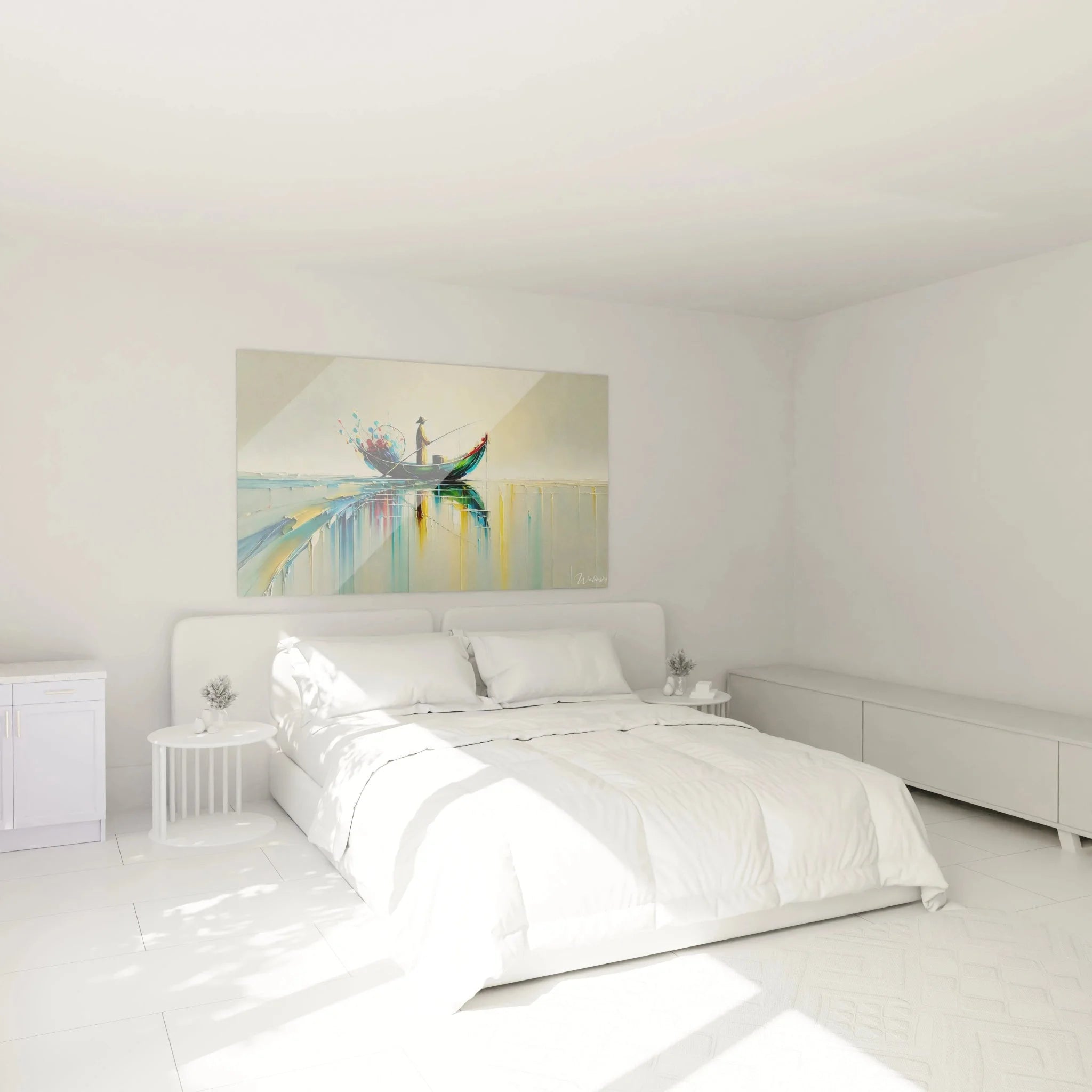 Maritime Wanddeko Fischer Boot im Schlafzimmer - modernes Ozean Wandbild XXL