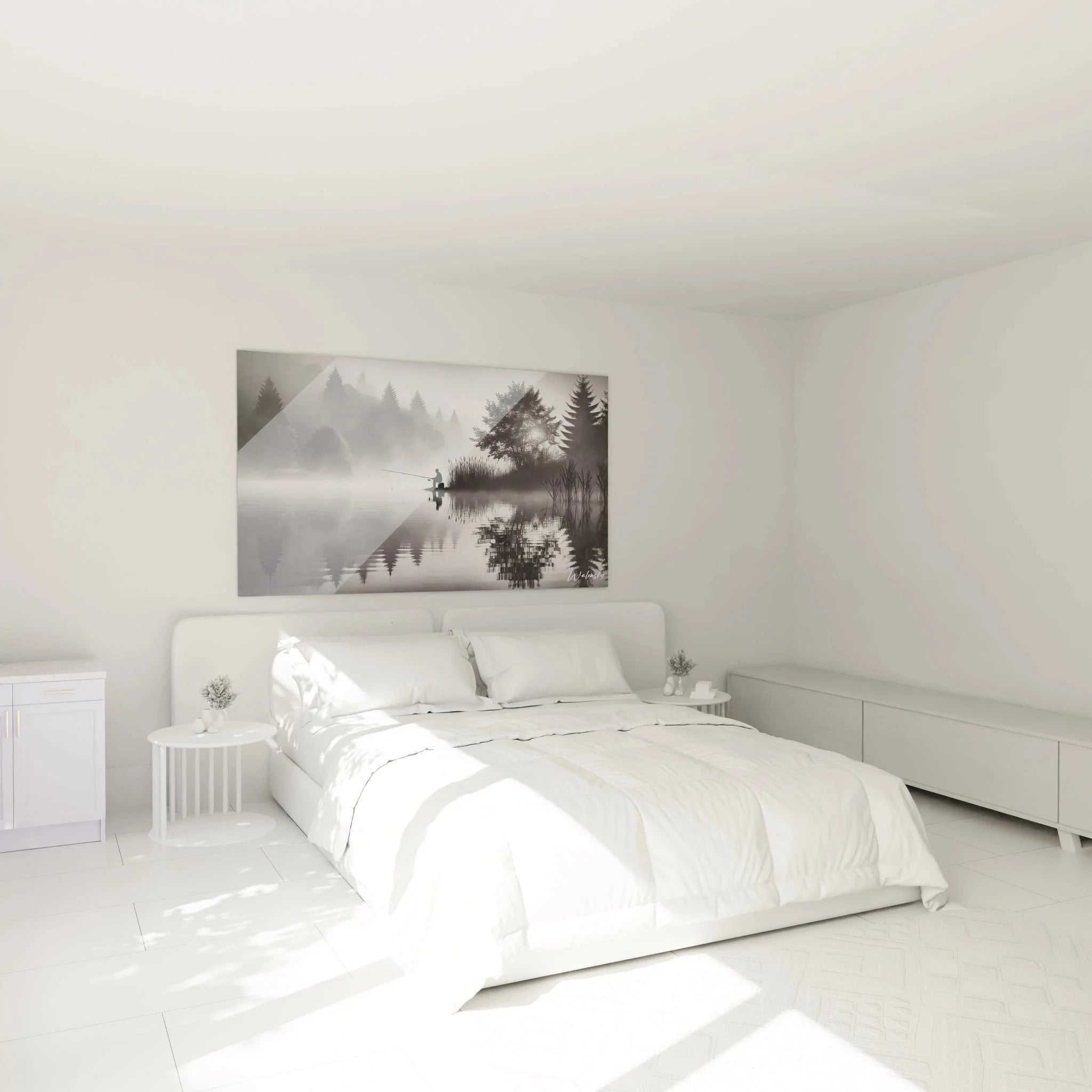 Detailansicht Wandbild Fischer im Nebel - mystische schwarz-weiß Landschaft mit Wasserreflexionen