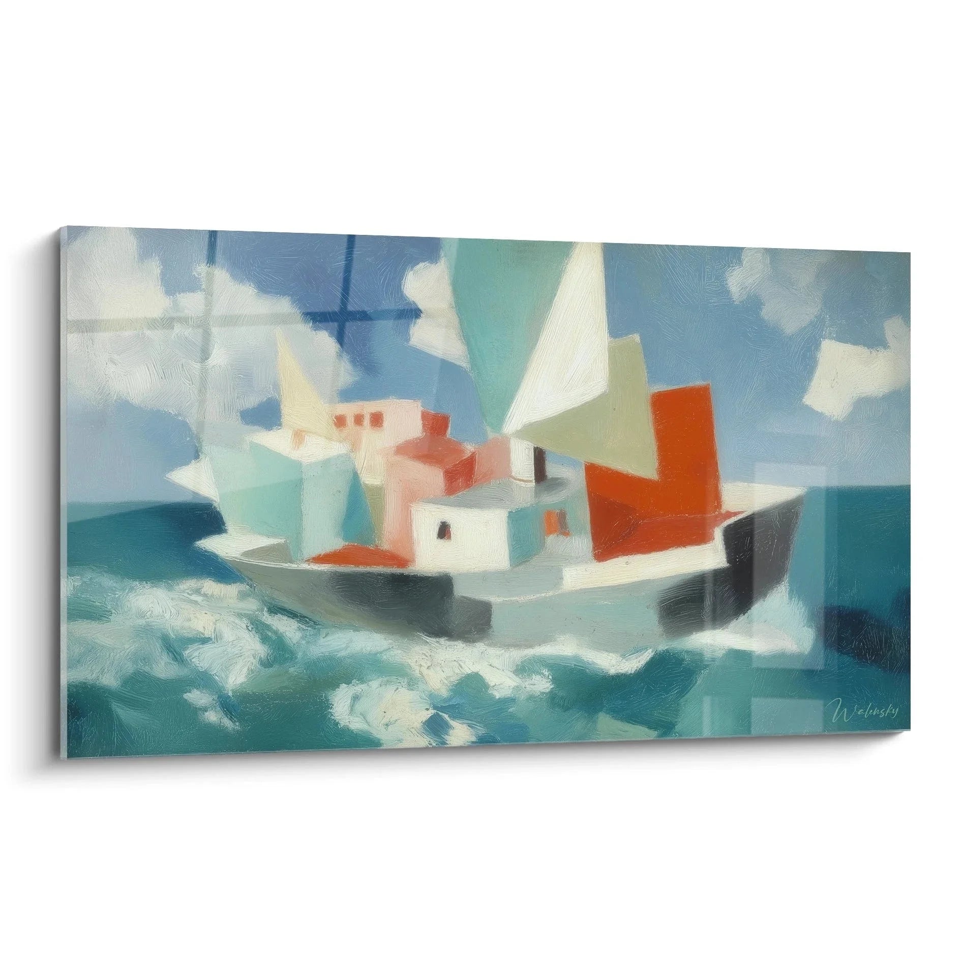 Wandbild Fischerboot stürmische See Dadaismus Stil maritime Kunst geometrische Abstraktion Edition