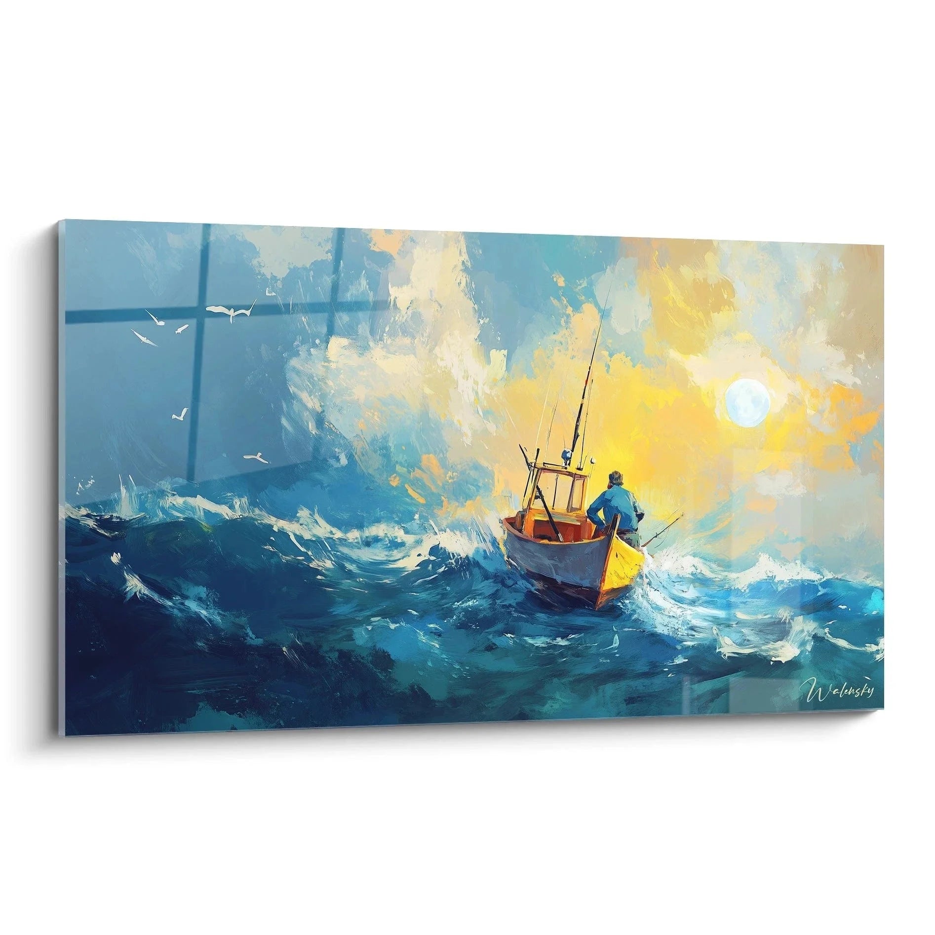 Wandbild Fischerboot im Sturm JMW Turner Stil mit dramatischen Wellen und goldenem Licht maritime Kunst