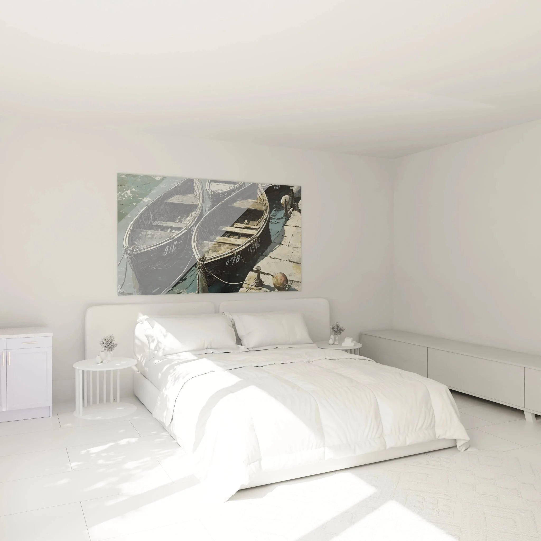 Wandbild Fischerboote Schlafzimmer Ambiente - Maritime Dekoration für entspannte Wohnatmosphäre