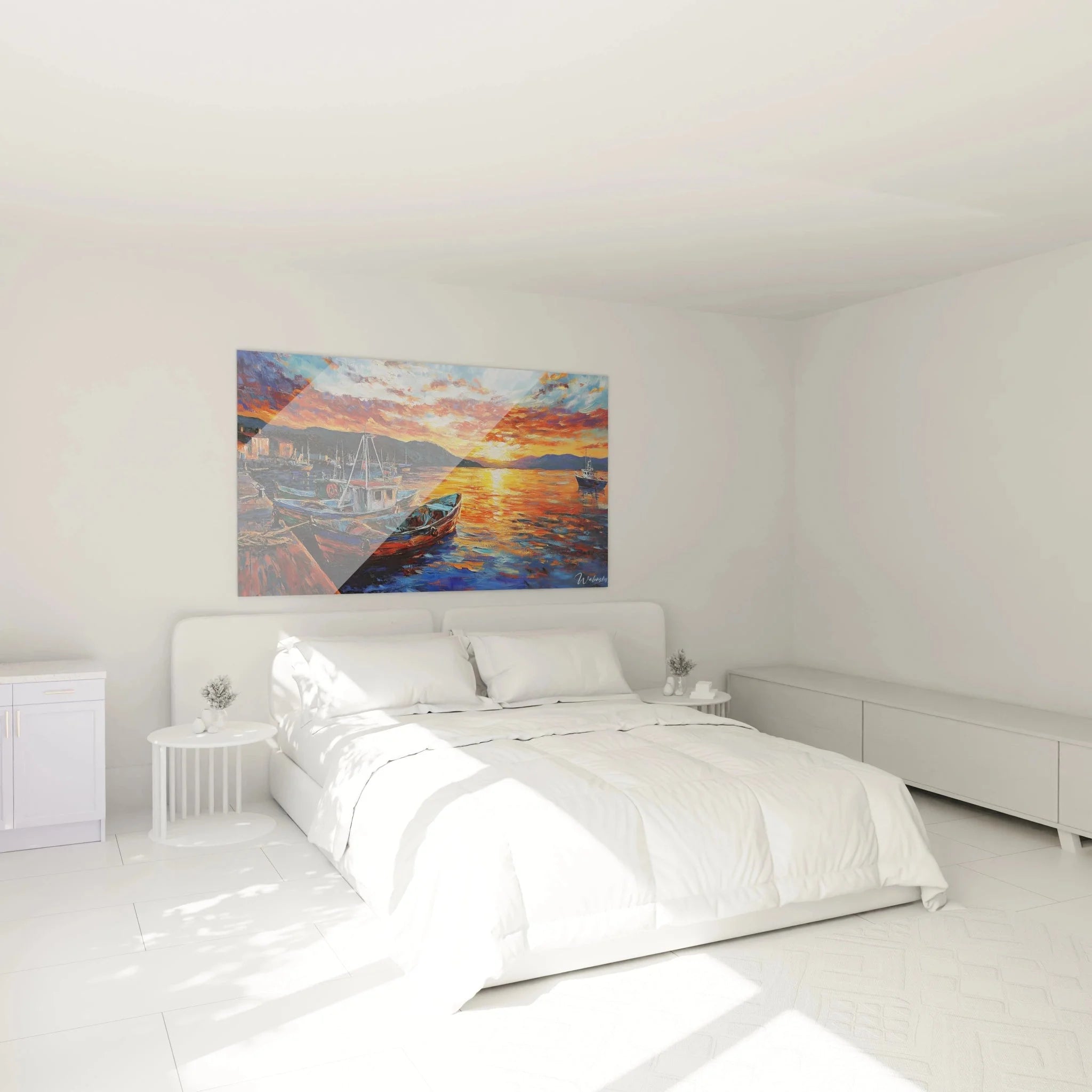 Wandbild Fischerhafen im Schlafzimmer, maritime Dekoration mit warmen Sonnenuntergang-Farben