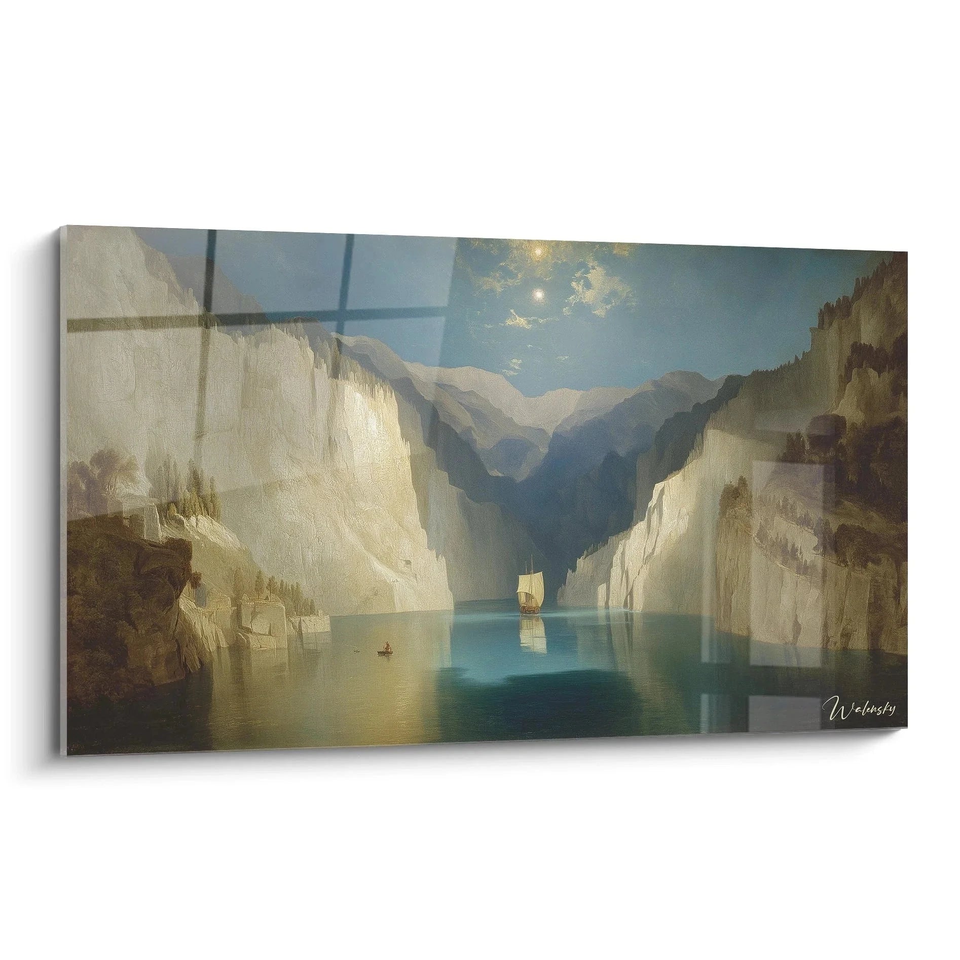 Wandbild Fjord mit Mondschein über nordischer Gebirgslandschaft und Segelschiff - Edition Romantik