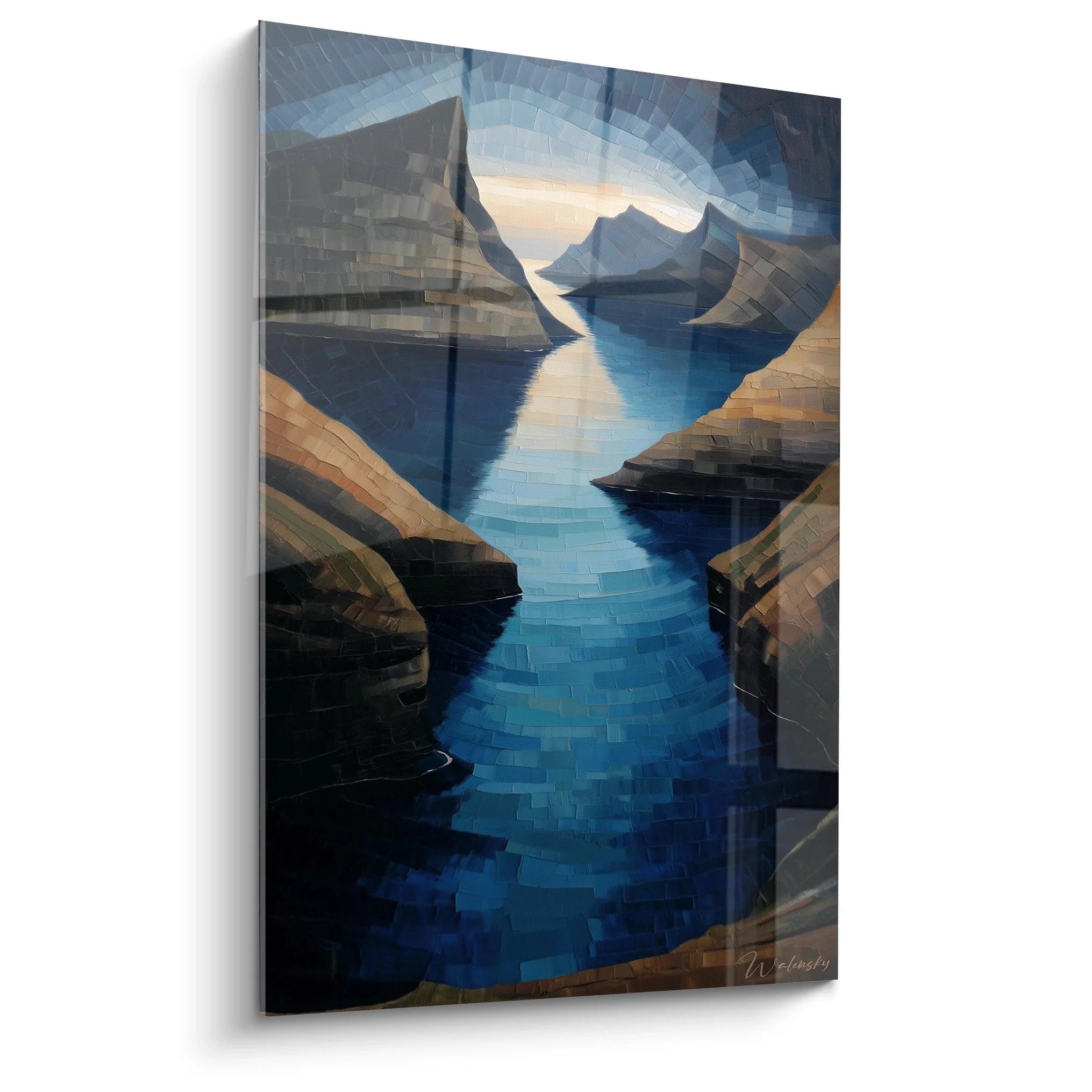 Wandbild Fjordlandschaft XXL mit Mosaik-Effekt, dramatische Felsklippen und tiefblaues Wasser