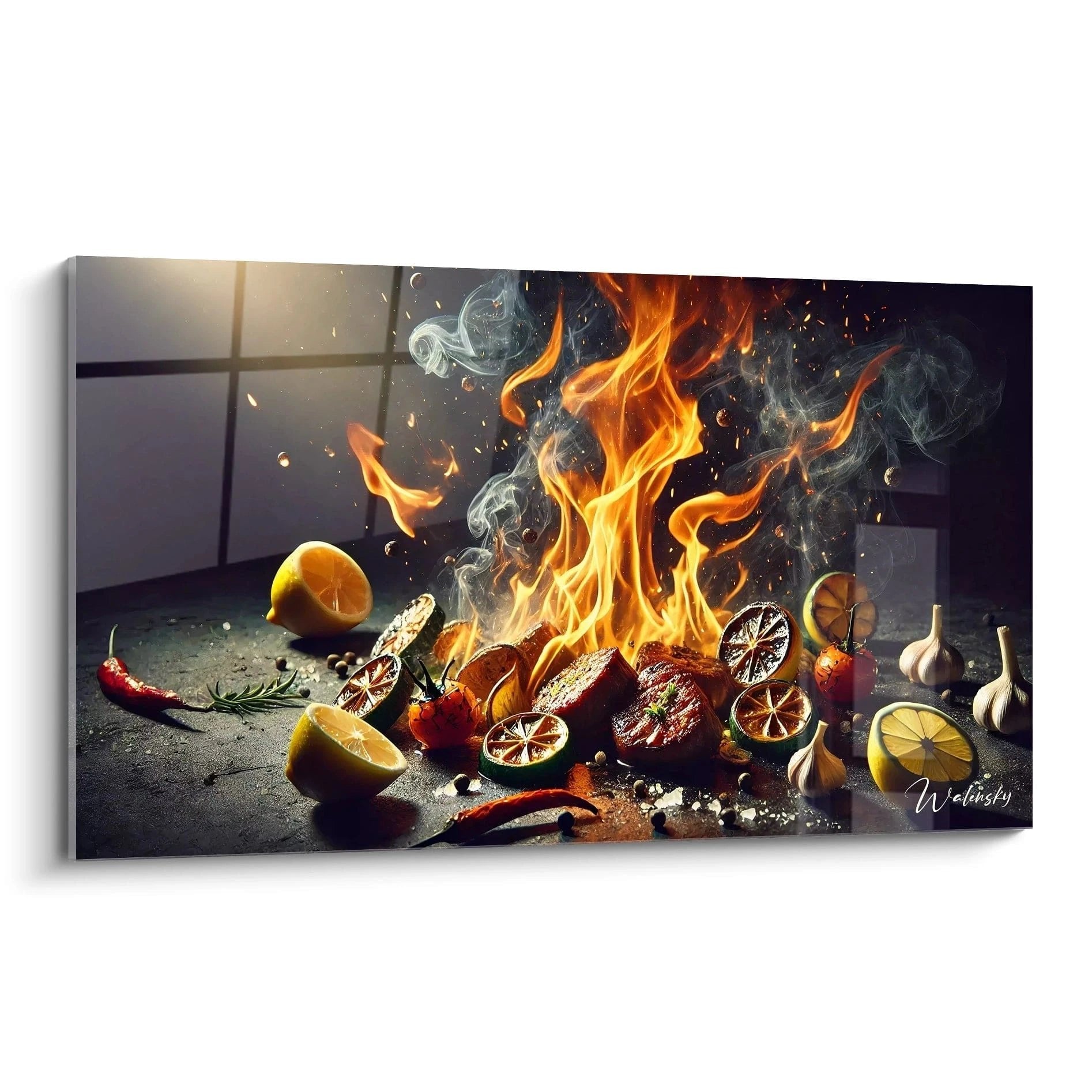 Wandbild flambierte Gewürze mit Flammen, Zitronen und Chilischoten für Küchendekoration