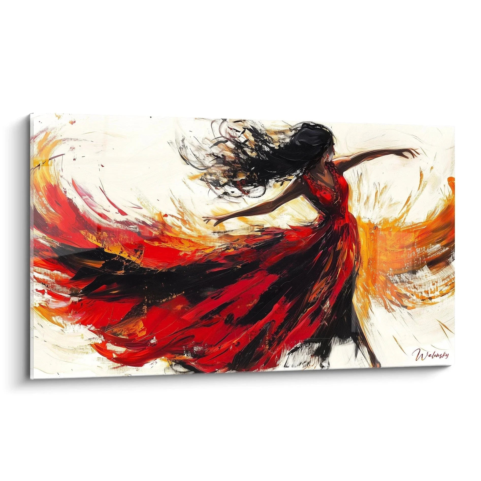 Wandbild abstrakte Flamenco Tänzerin in roten und orangen Farbtönen mit dynamischen Pinselstrichen