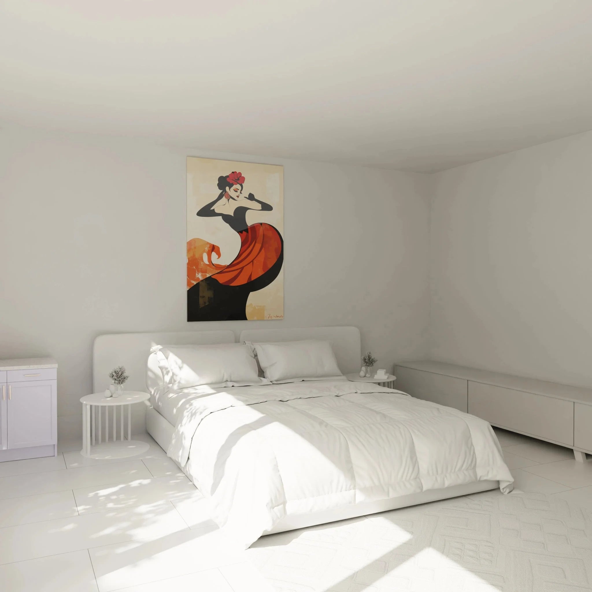 Wandbild Flamencotänzerin abstrakt im Schlafzimmer als stilvolle Wanddekoration in warmen Tönen