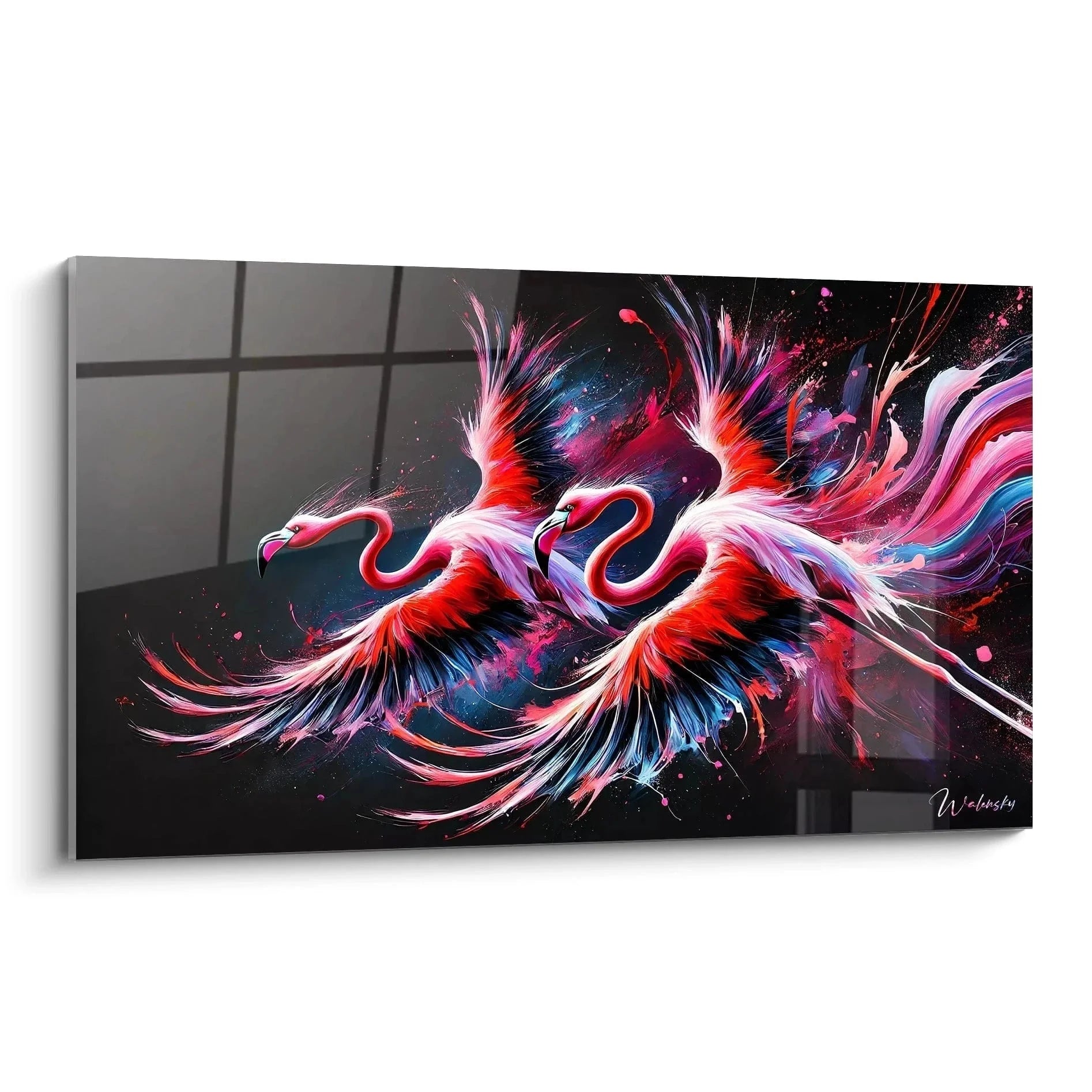 Wandbild Flamingo abstrakt mit kosmischen Farben - Zwei tanzende Flamingos in Pink und Blau