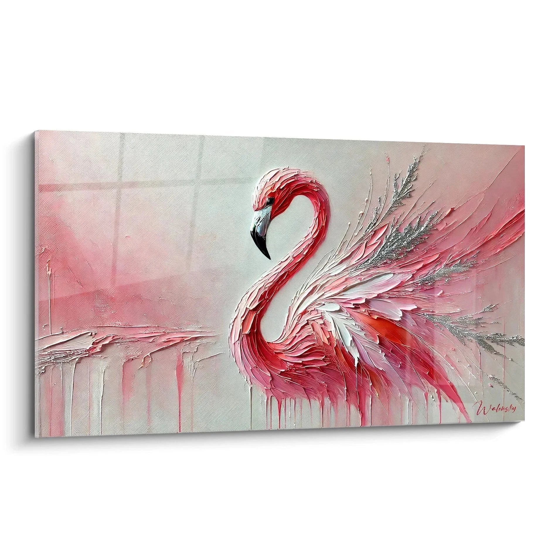 Wandbild Flamingo abstrakt in Rosa und Silber mit expressiven Pinselstrichen - Edition Flamingo