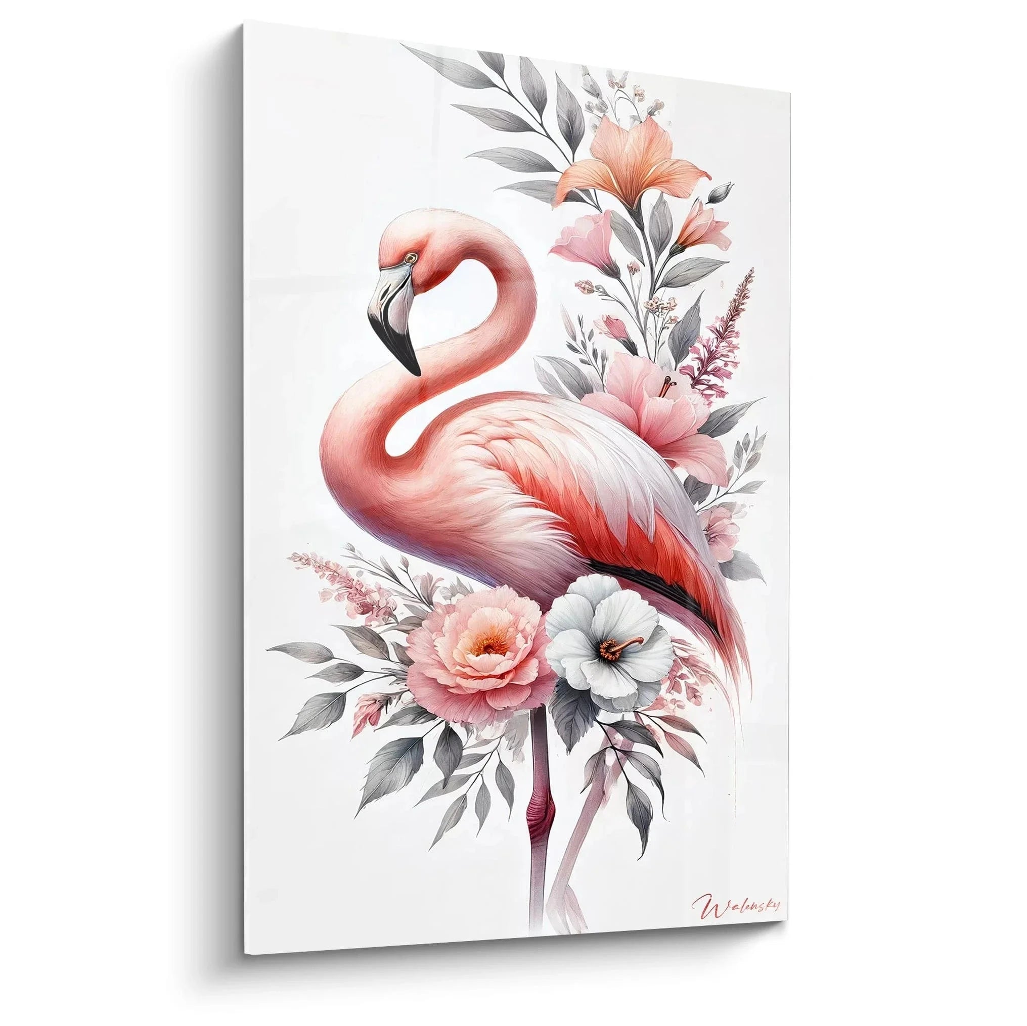 Elegantes Wandbild Flamingo Aquarell mit rosa Blüten und Gräsern auf weißem Hintergrund