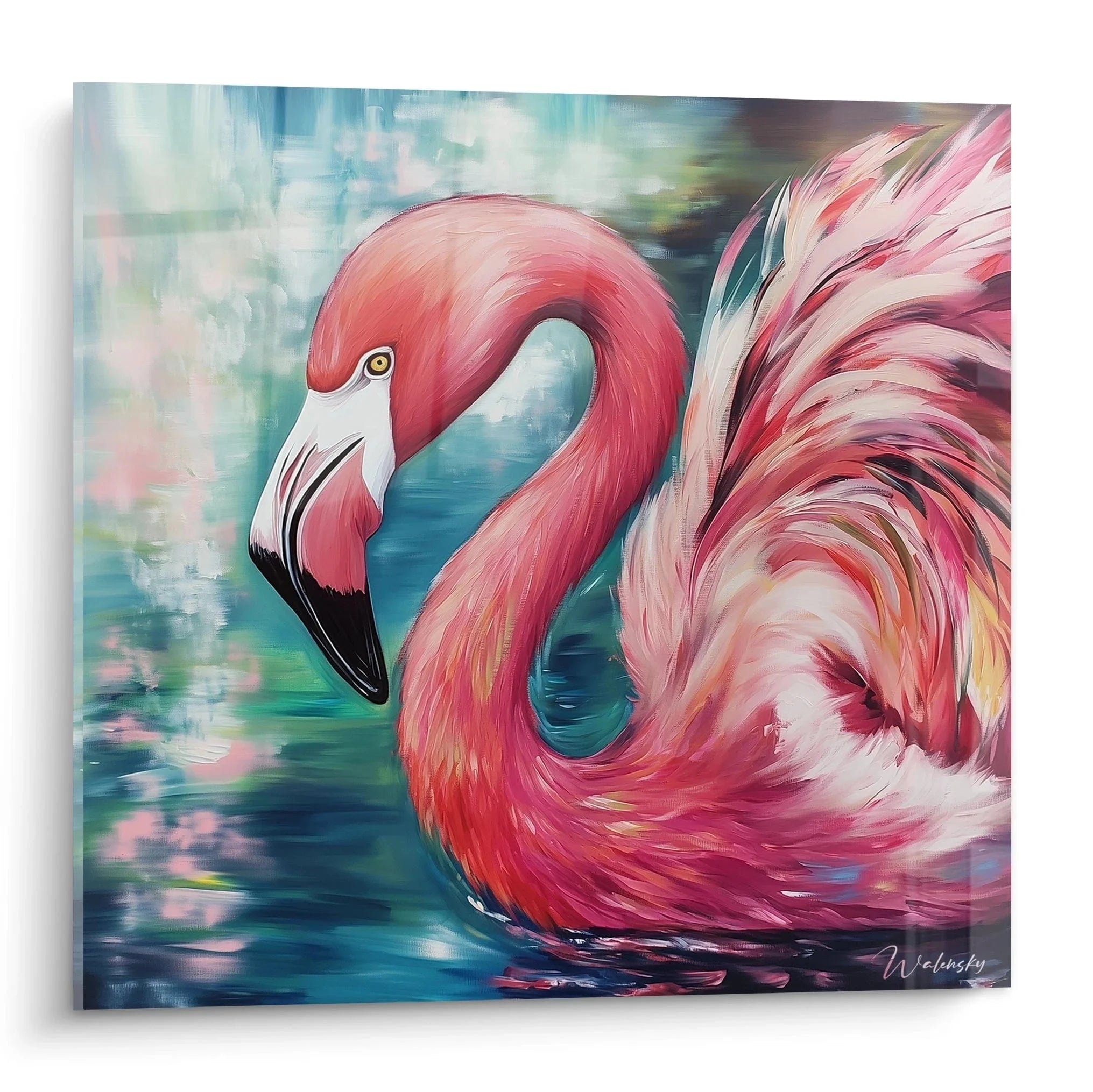 Elegantes Wandbild Flamingo mit rosa Gefieder und blauem Hintergrund - Premium Kunstdruck Edition Flamingo