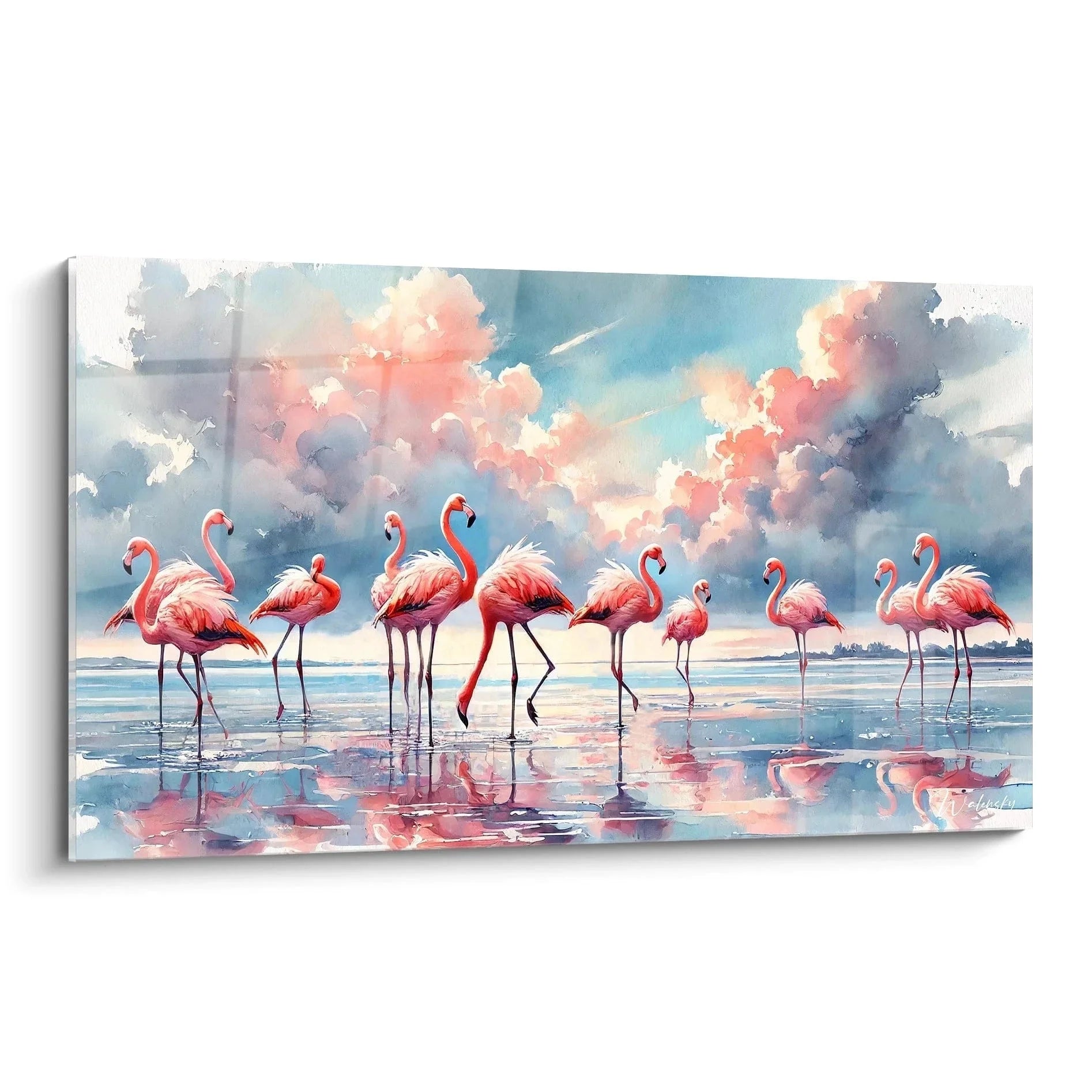 Wandbild Flamingo Gruppe am Strand mit Wasserspiegelung und pastellfarbenen Wolken