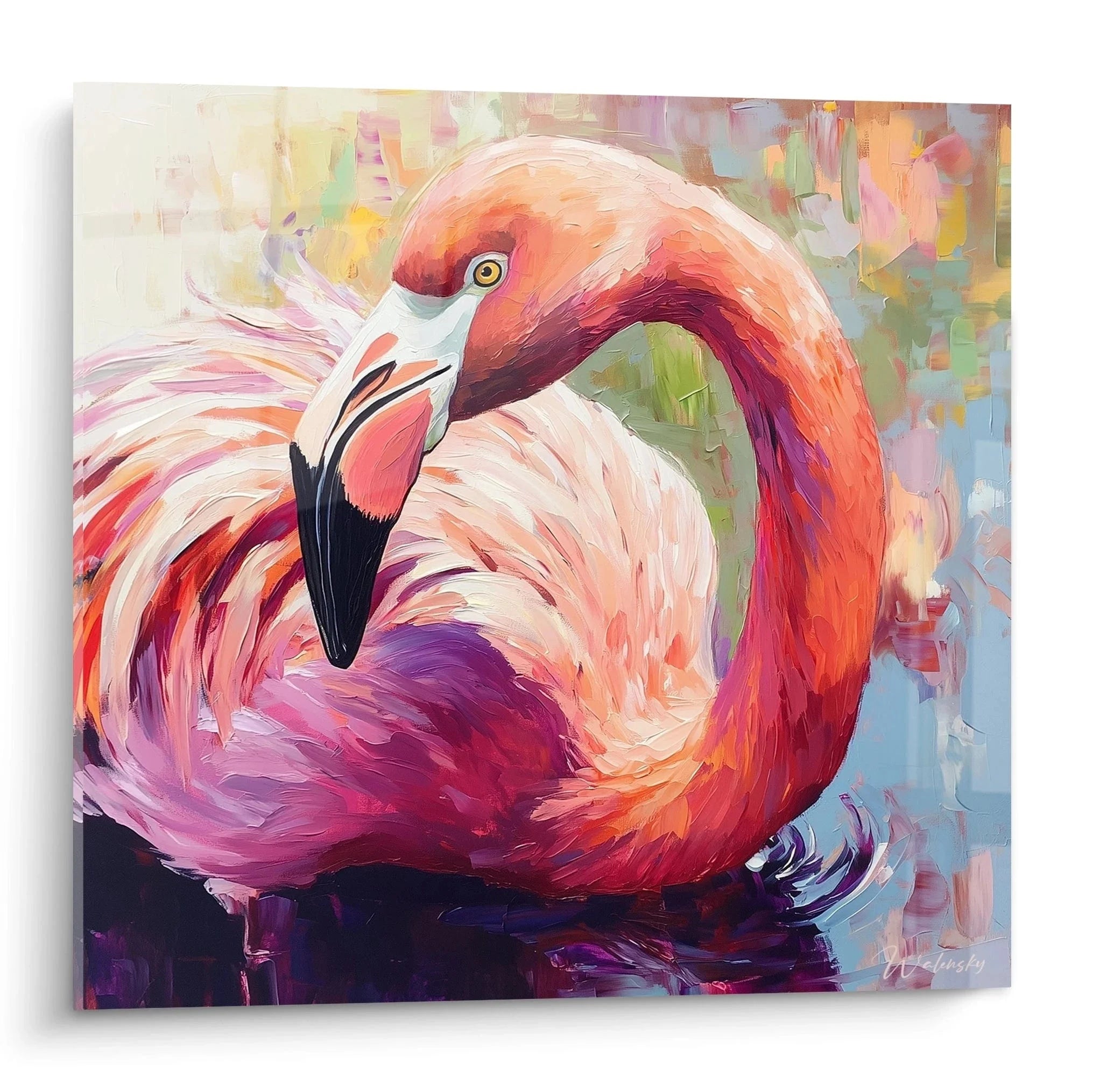 Wandbild Flamingo Malerei in rosa violetten Tönen abstrakte Kunst Leinwanddruck XXL