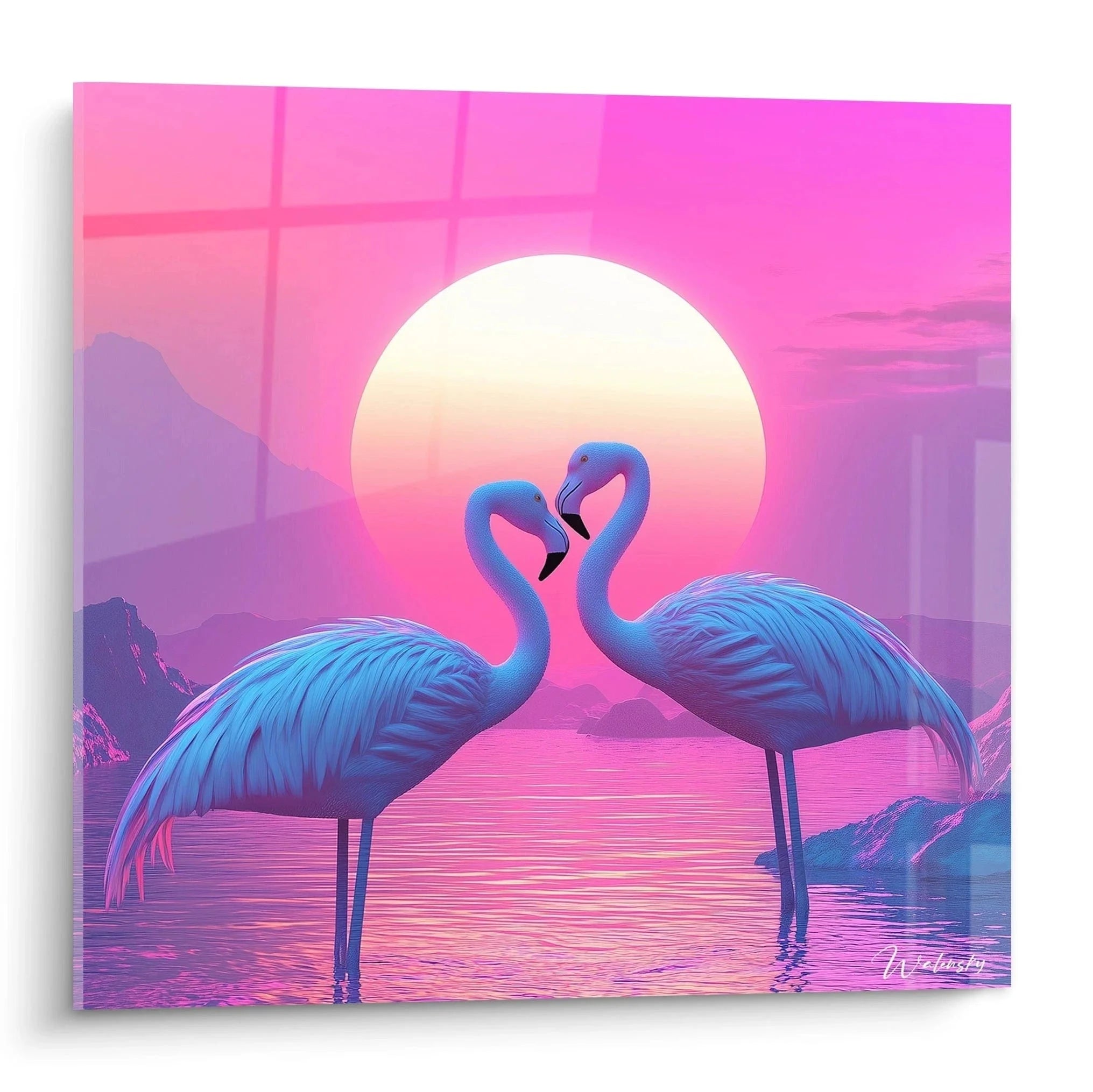 Wandbild Flamingo Paar in romantischer Pose vor pinkem Sonnenuntergang mit Bergen und Wasser