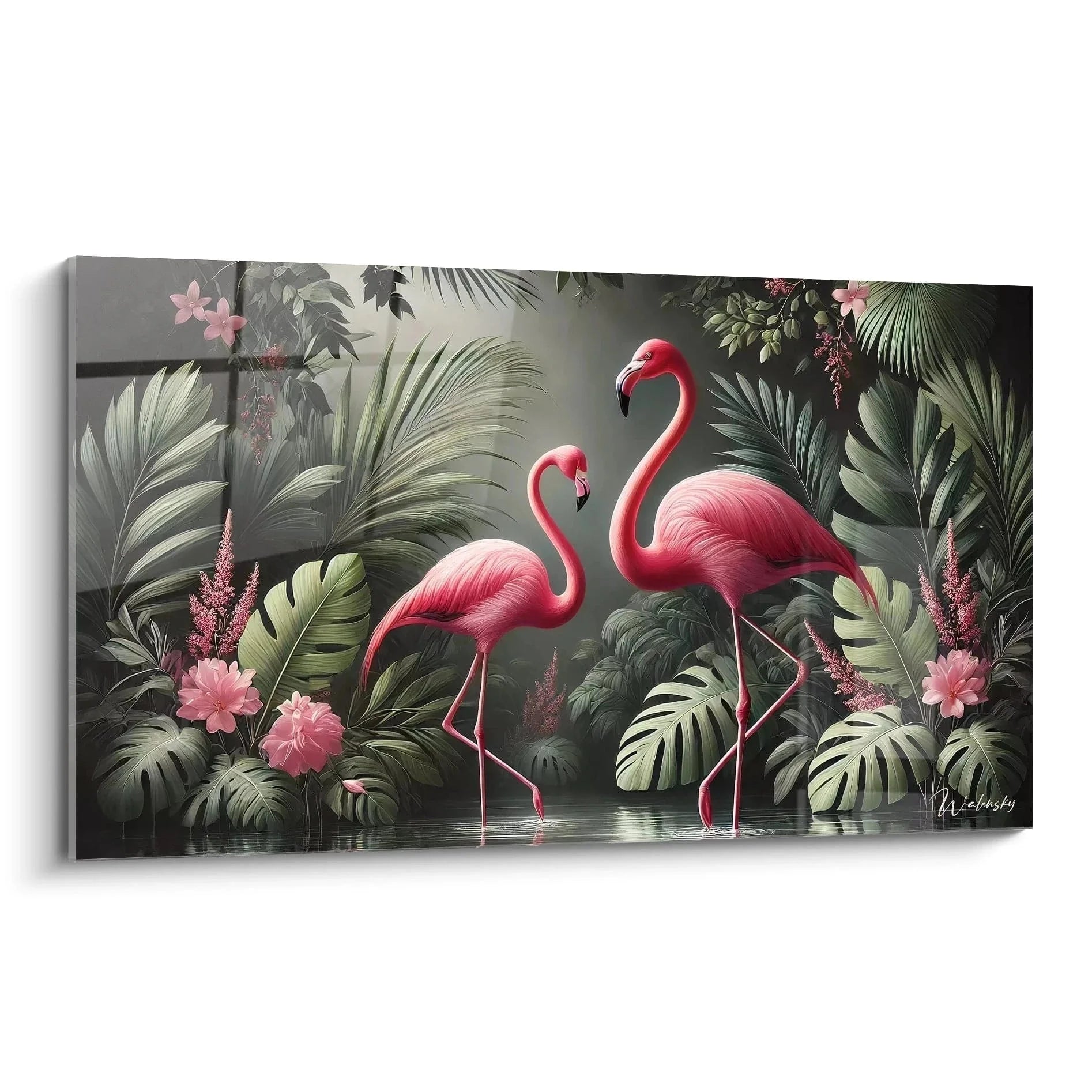 Wandbild Flamingo Paar rosa im tropischen Dschungel mit Palmwedeln und exotischen Blüten XXL Format Wanddeko