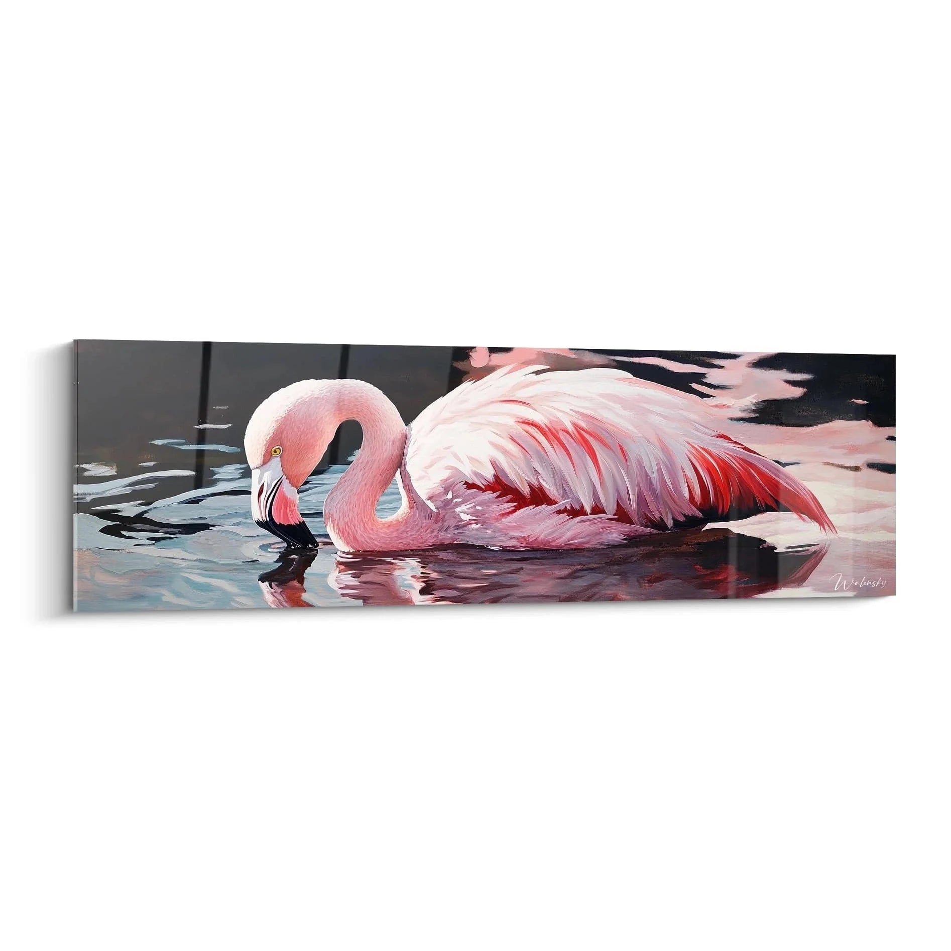 Elegantes Wandbild Flamingo rosa im Wasser mit Spiegelung, Premium Kunstdruck für Wohnzimmer