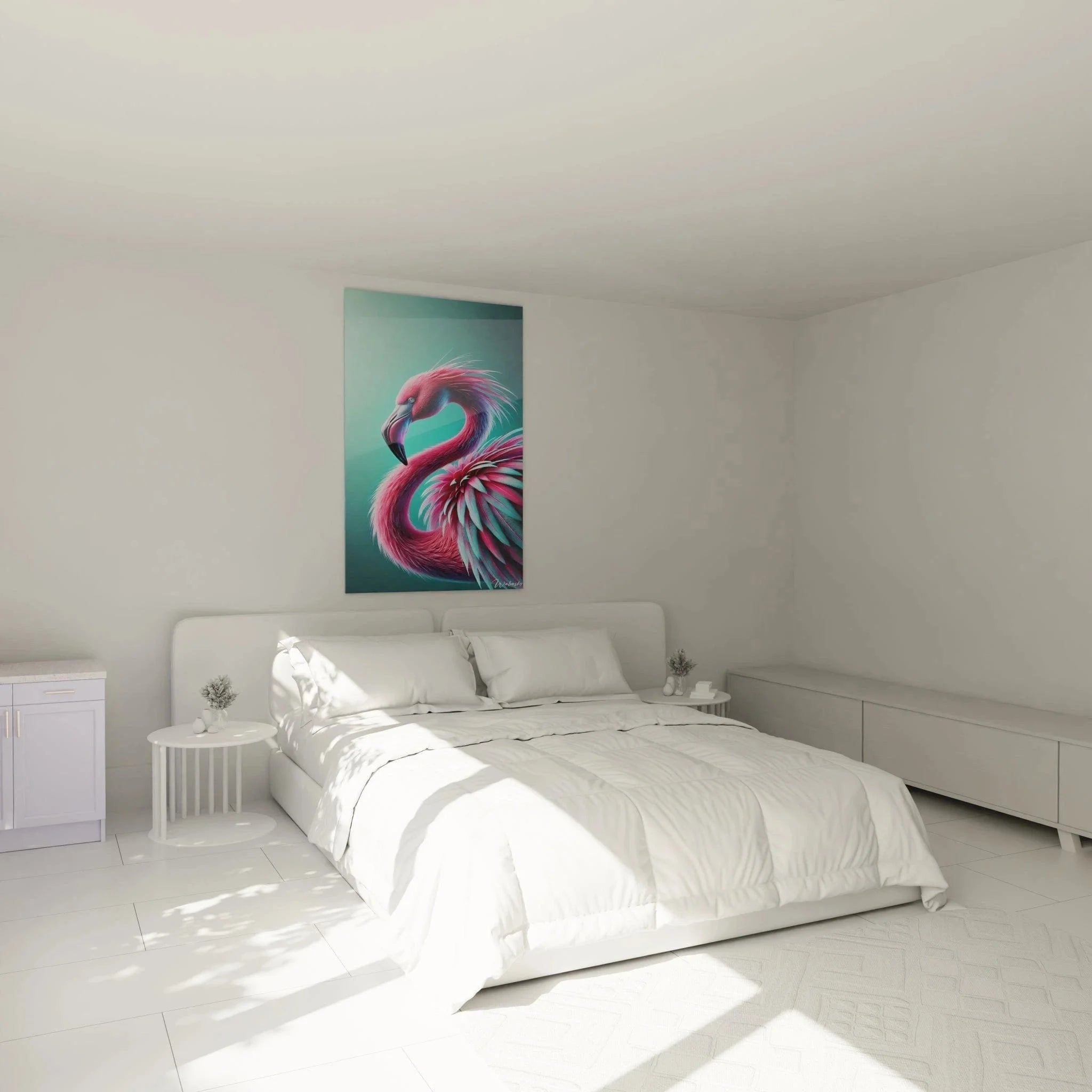 Wandbild Flamingo Federkunst als Schlafzimmer Dekoration an weißer Wand über dem Bett hängend
