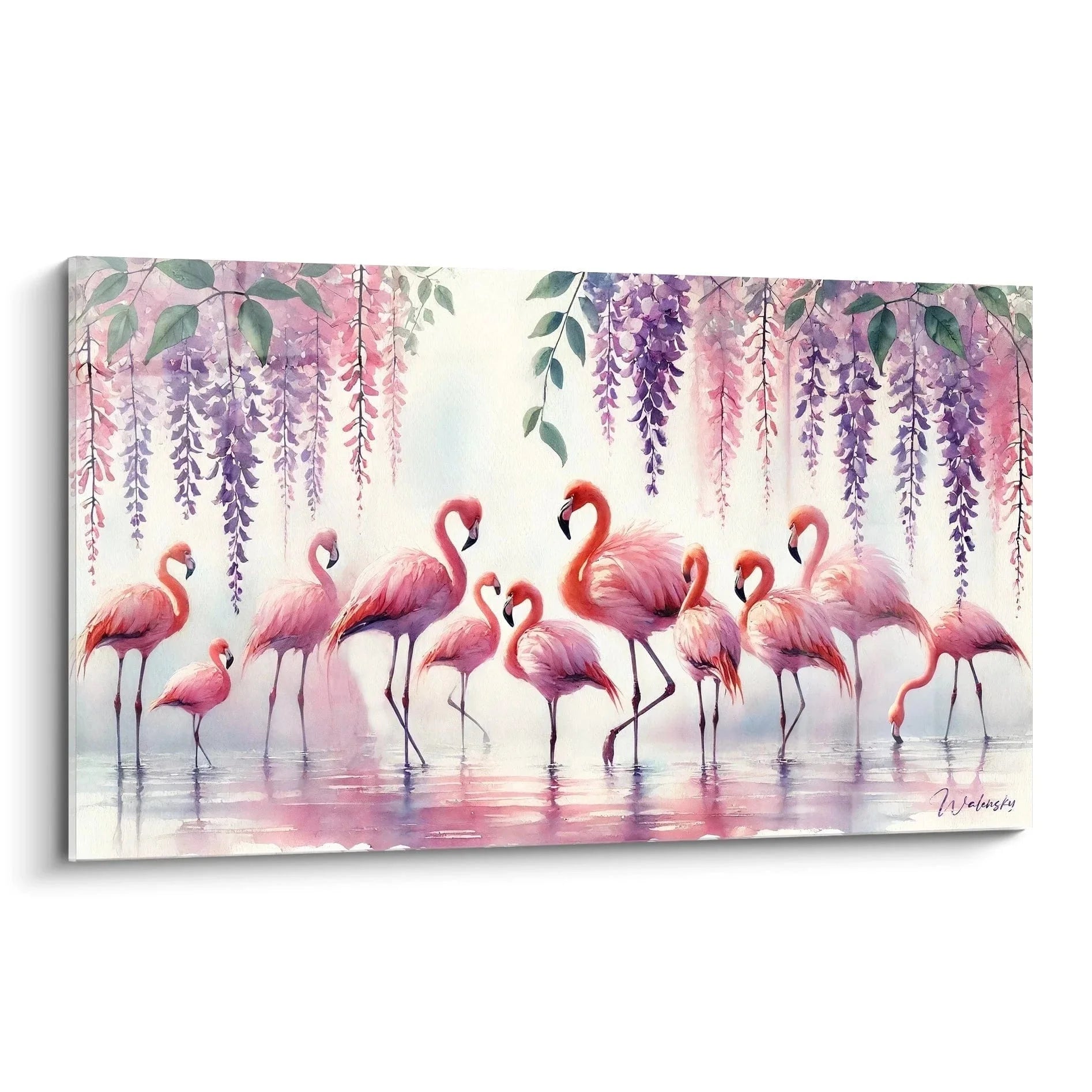 Wandbild Flamingo Gruppe unter lila Wisteria Blüten im Wasser rosa Leinwanddruck Edition Flamingo