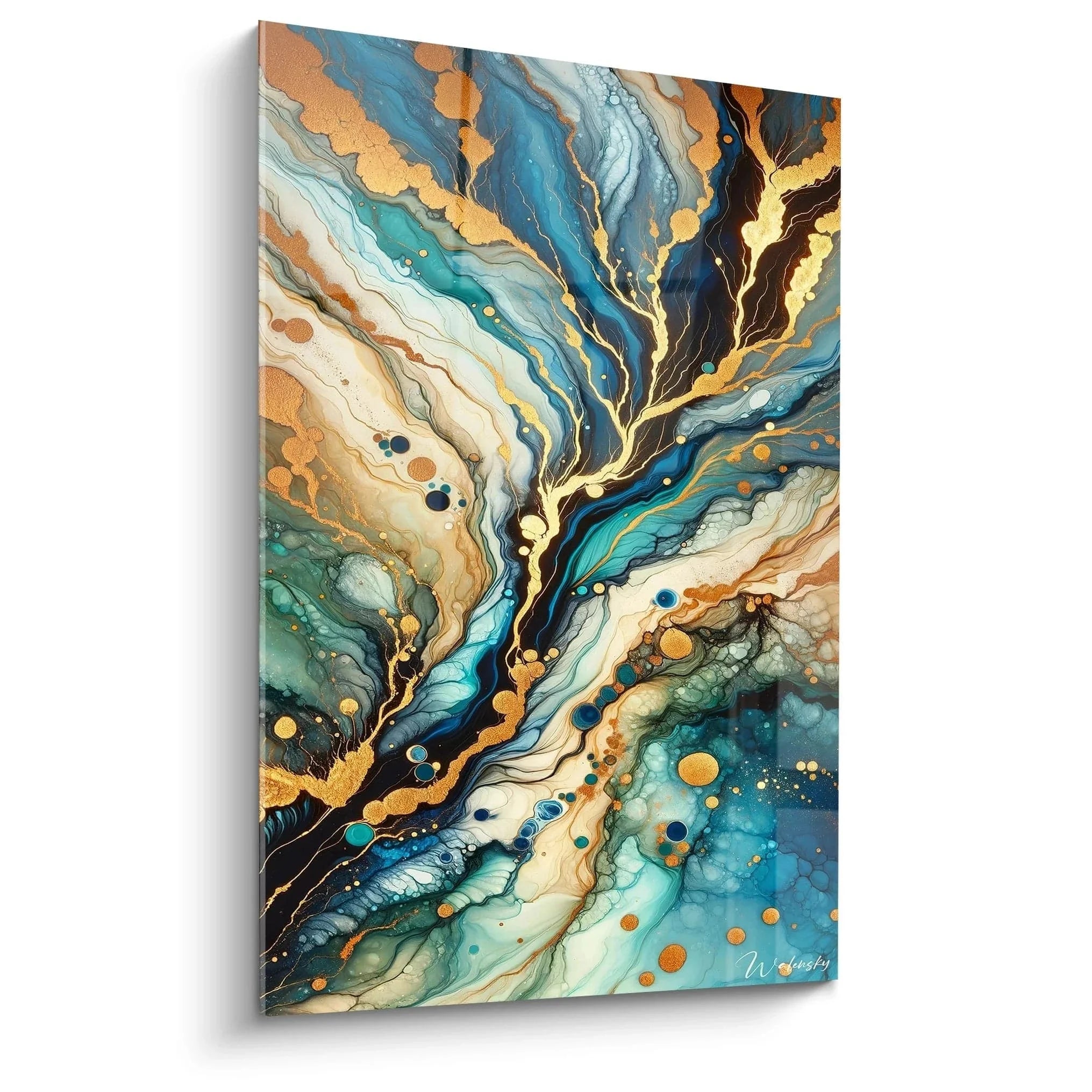 Wandbild abstrakte flüssige Komposition in Blau Orange Gold - zeitgenössische Malerei XXL