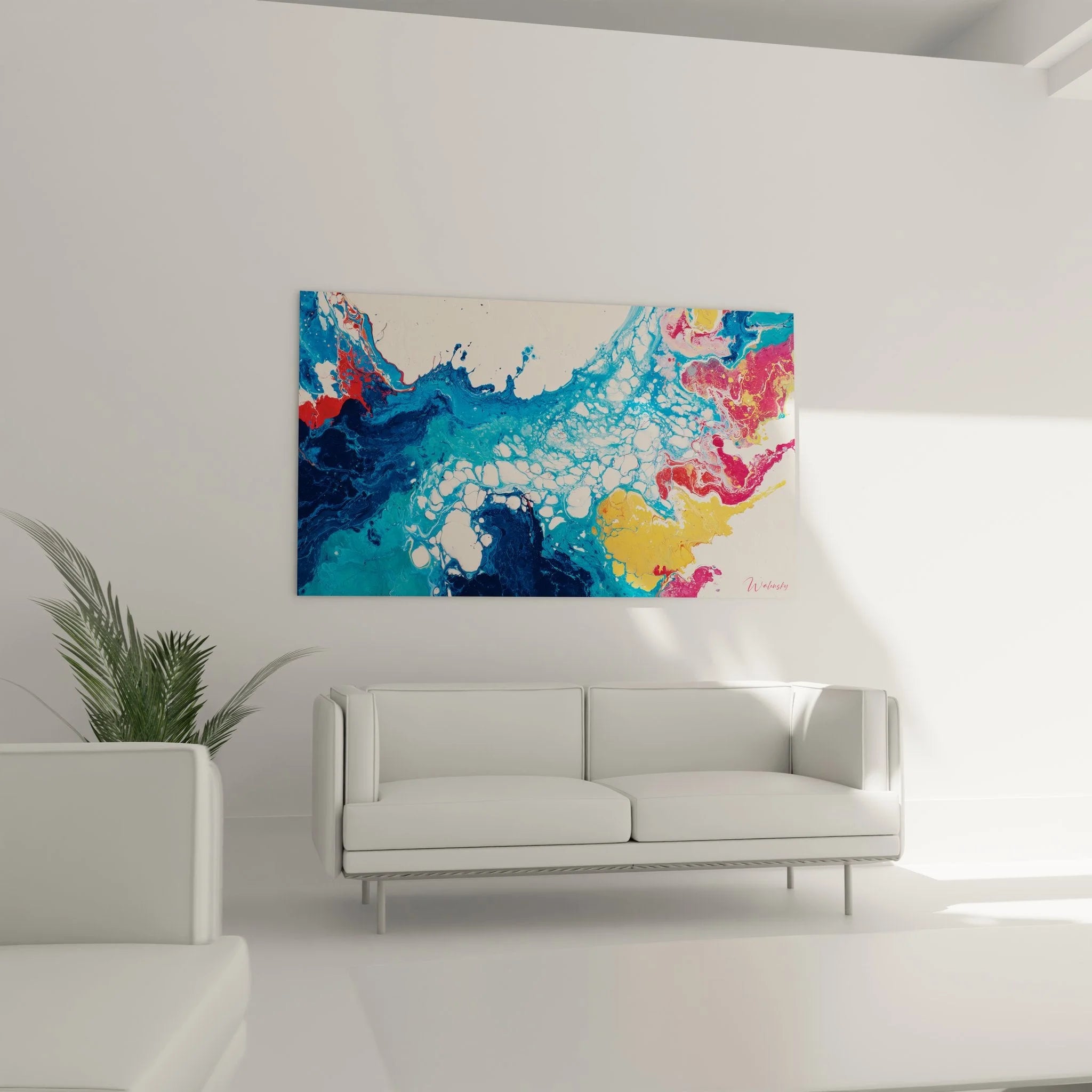 Detailaufnahme Wandbild Fluid Art Farbstrukturen Blau Rosa Premium Malerei-Optik